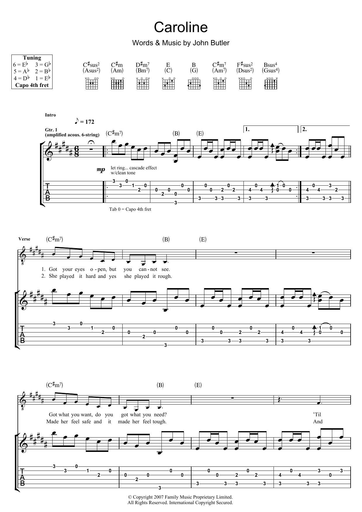 John Butler Caroline sheet music notes and chords arranged for Guitar Tab