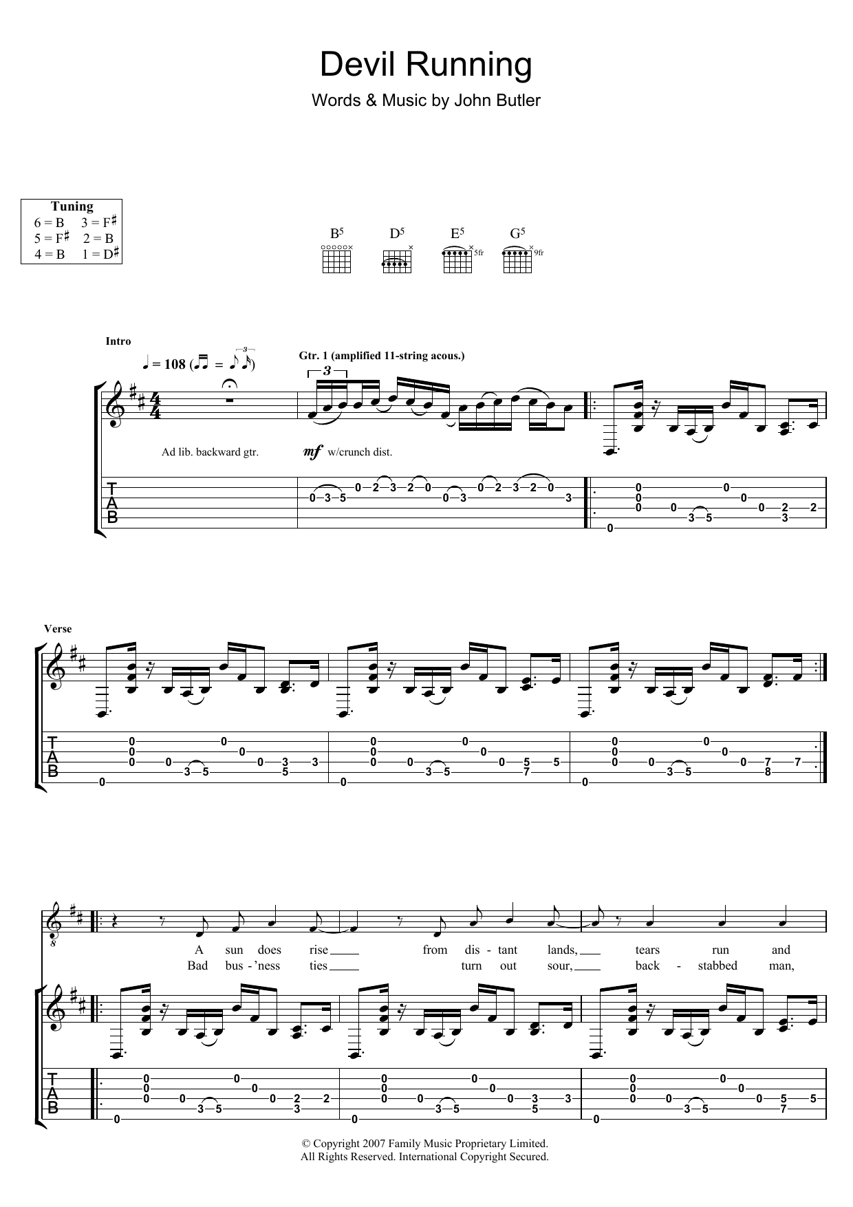 John Butler Devil Running sheet music notes and chords arranged for Guitar Tab