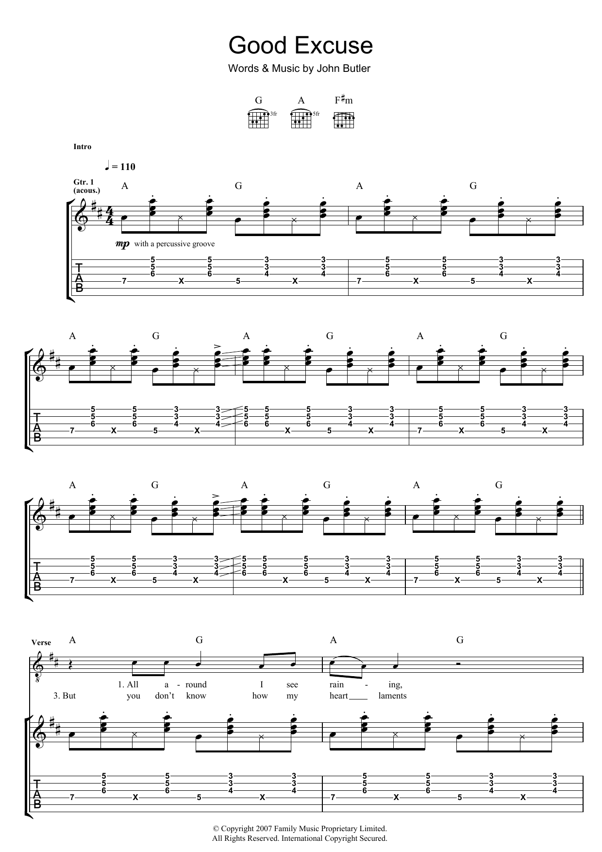 John Butler Good Excuse sheet music notes and chords arranged for Guitar Tab
