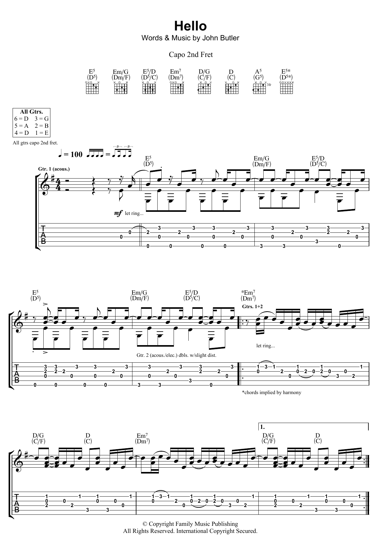 John Butler Hello sheet music notes and chords arranged for Guitar Tab