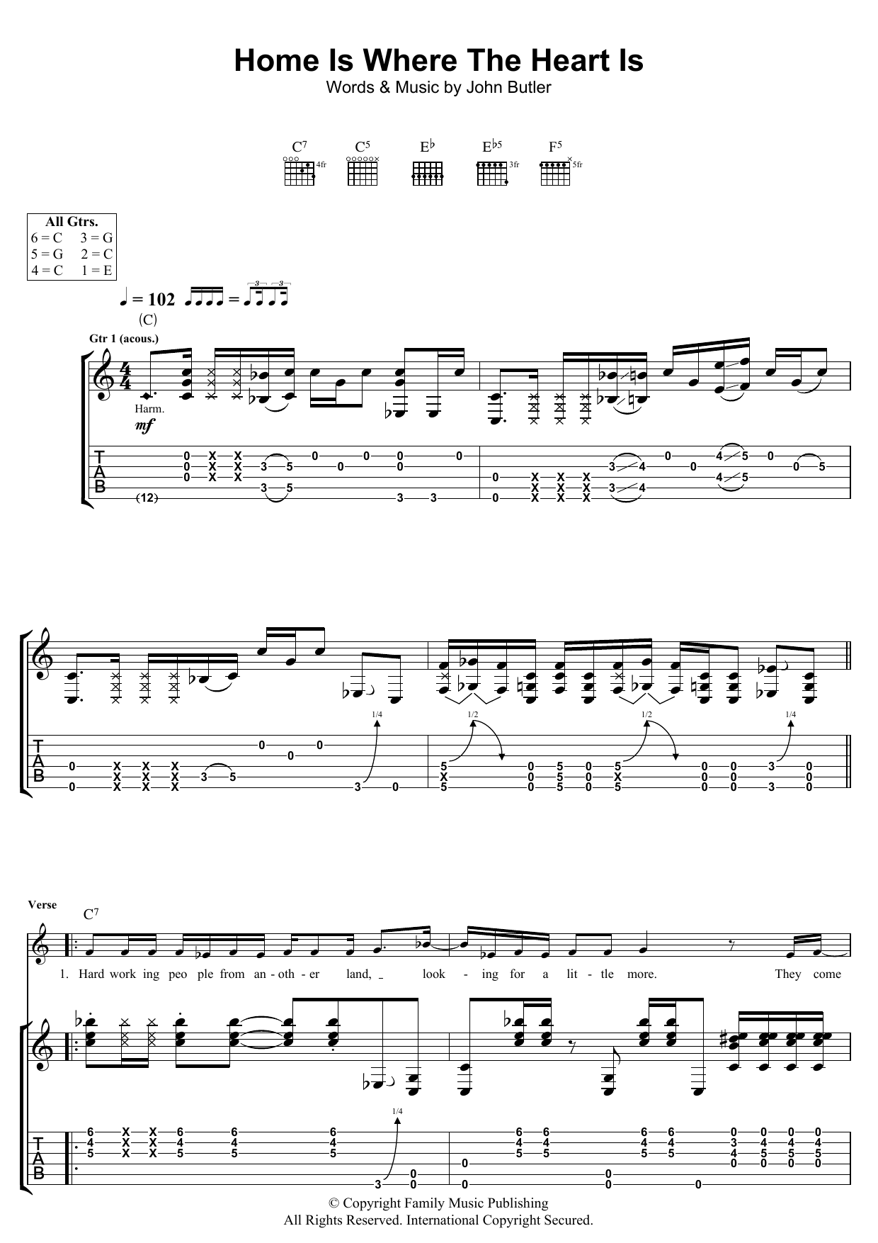 John Butler Home Is Where The Heart Is sheet music notes and chords arranged for Guitar Tab