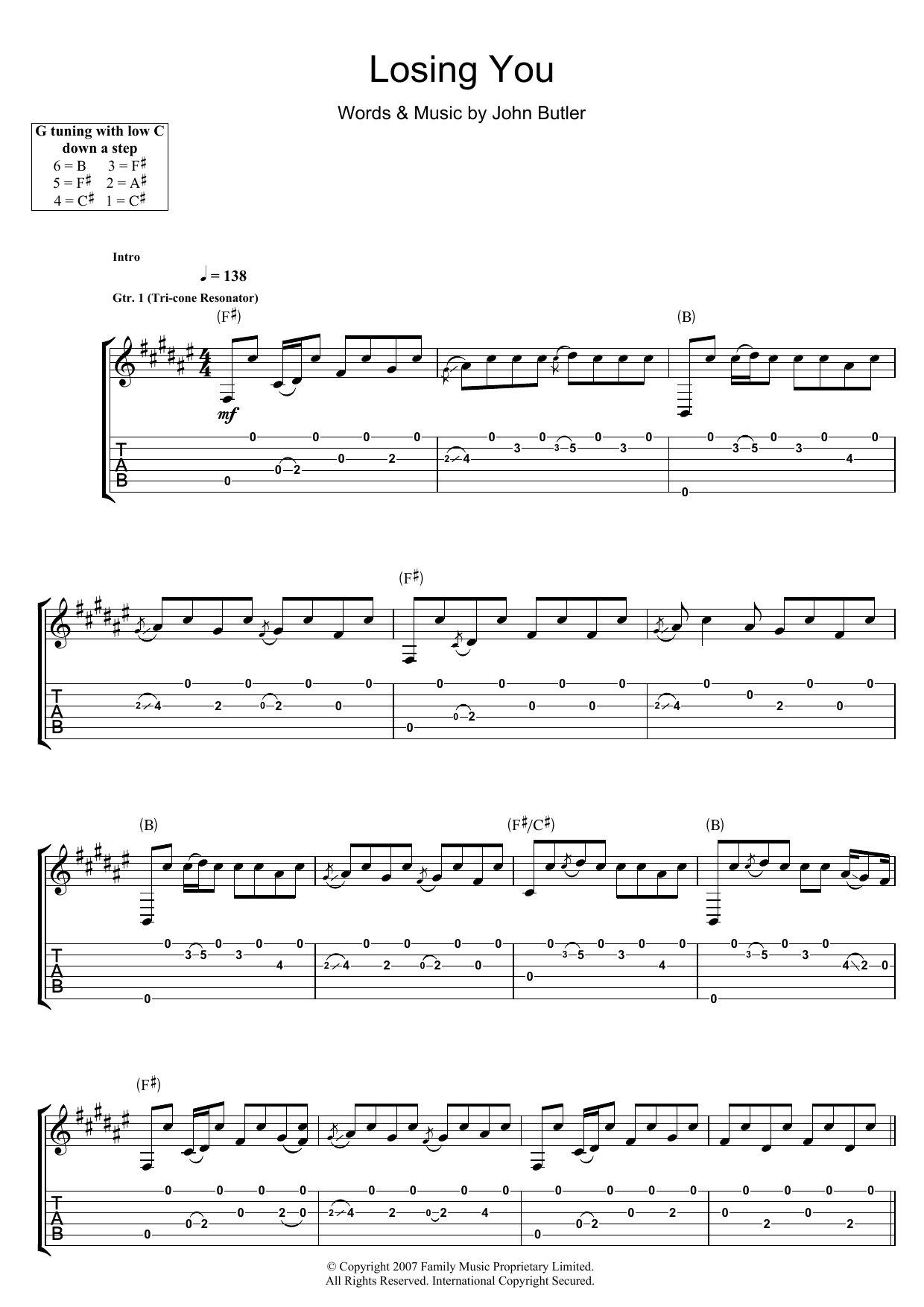 John Butler Losing You sheet music notes and chords arranged for Guitar Tab
