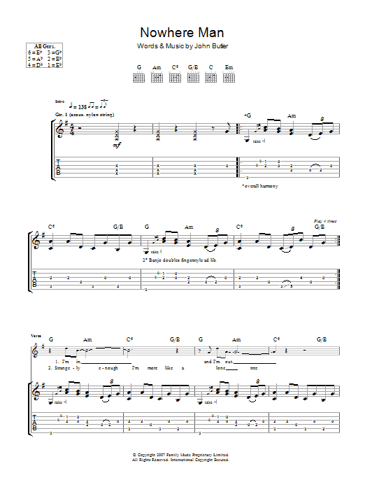 John Butler Nowhere Man sheet music notes and chords arranged for Guitar Tab
