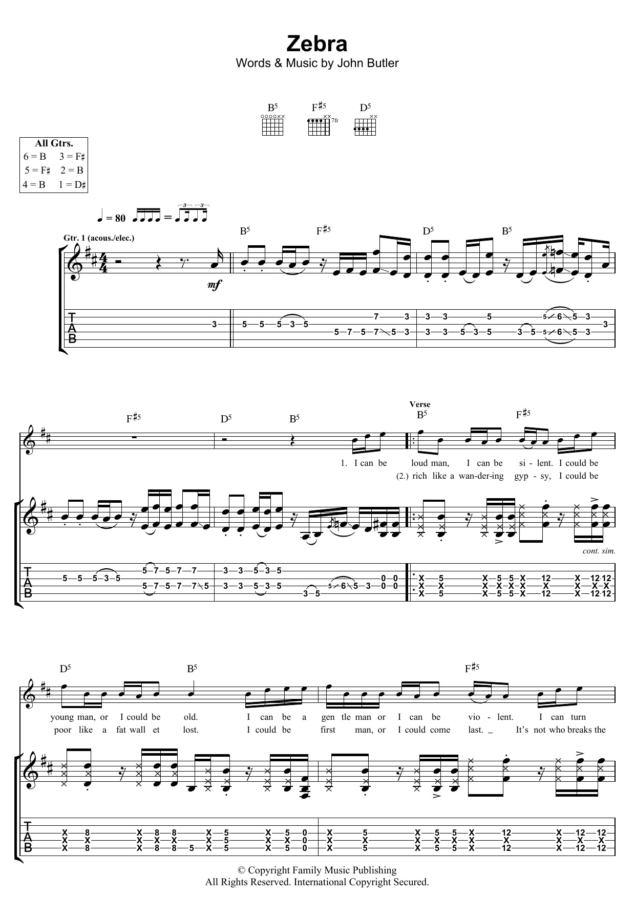 John Butler Zebra sheet music notes and chords arranged for Guitar Tab
