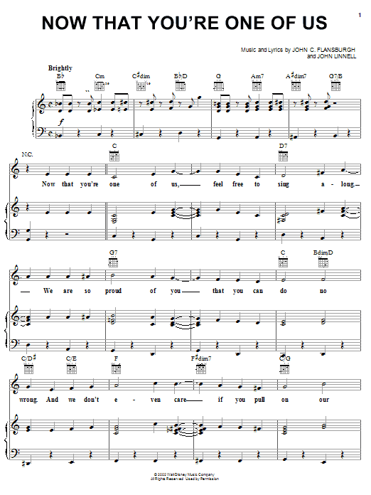 John C. Flansburgh Now That You're One Of Us sheet music notes and chords arranged for Piano, Vocal & Guitar Chords (Right-Hand Melody)