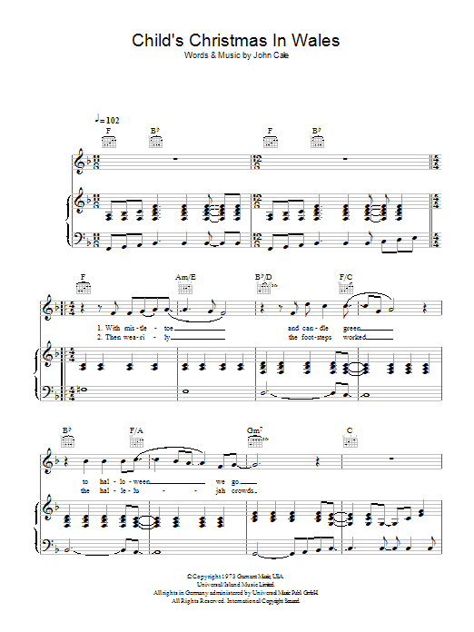 John Cale Child's Christmas In Wales sheet music notes and chords arranged for Piano, Vocal & Guitar Chords