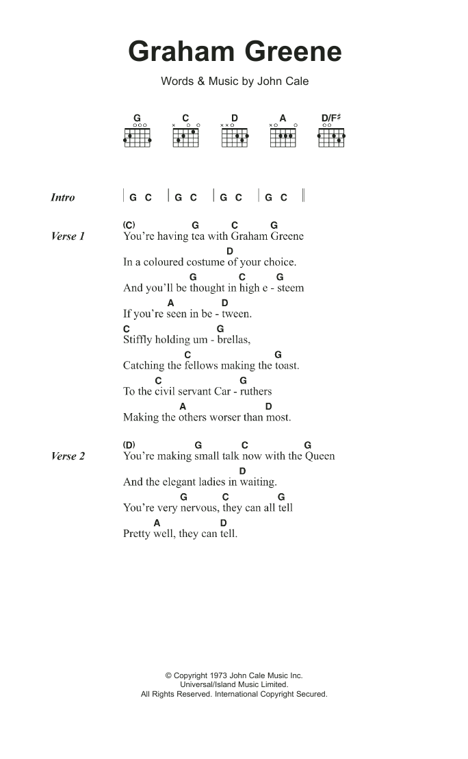 John Cale Graham Greene sheet music notes and chords arranged for Guitar Chords/Lyrics