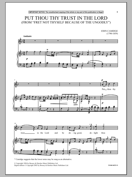 John Camidge Put Thou Thy Trust In The Lord (from Fret Not Thyself Because Of The Ungodly) sheet music notes and chords arranged for Piano & Vocal