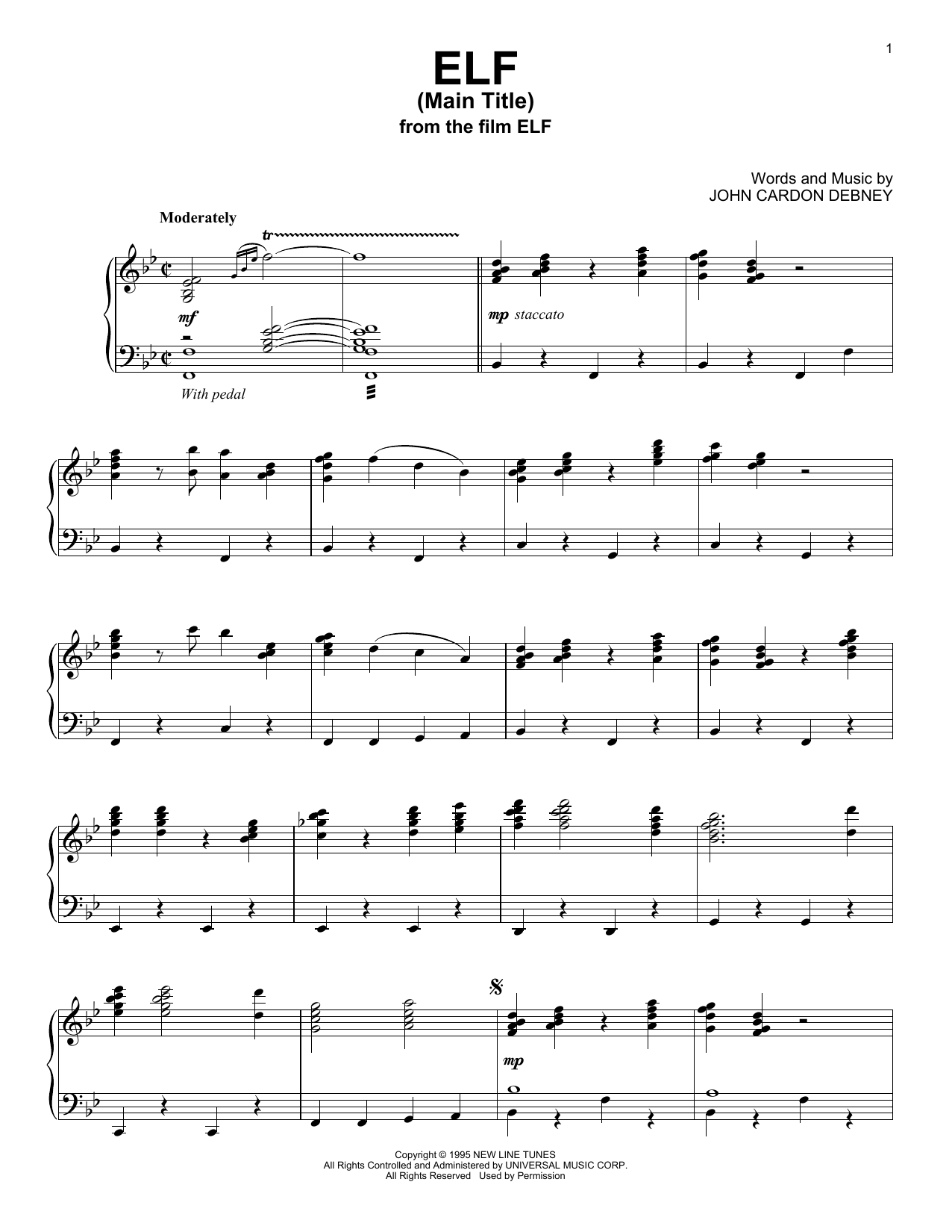 John Cardon Debney Elf (Main Title) sheet music notes and chords arranged for Piano Solo