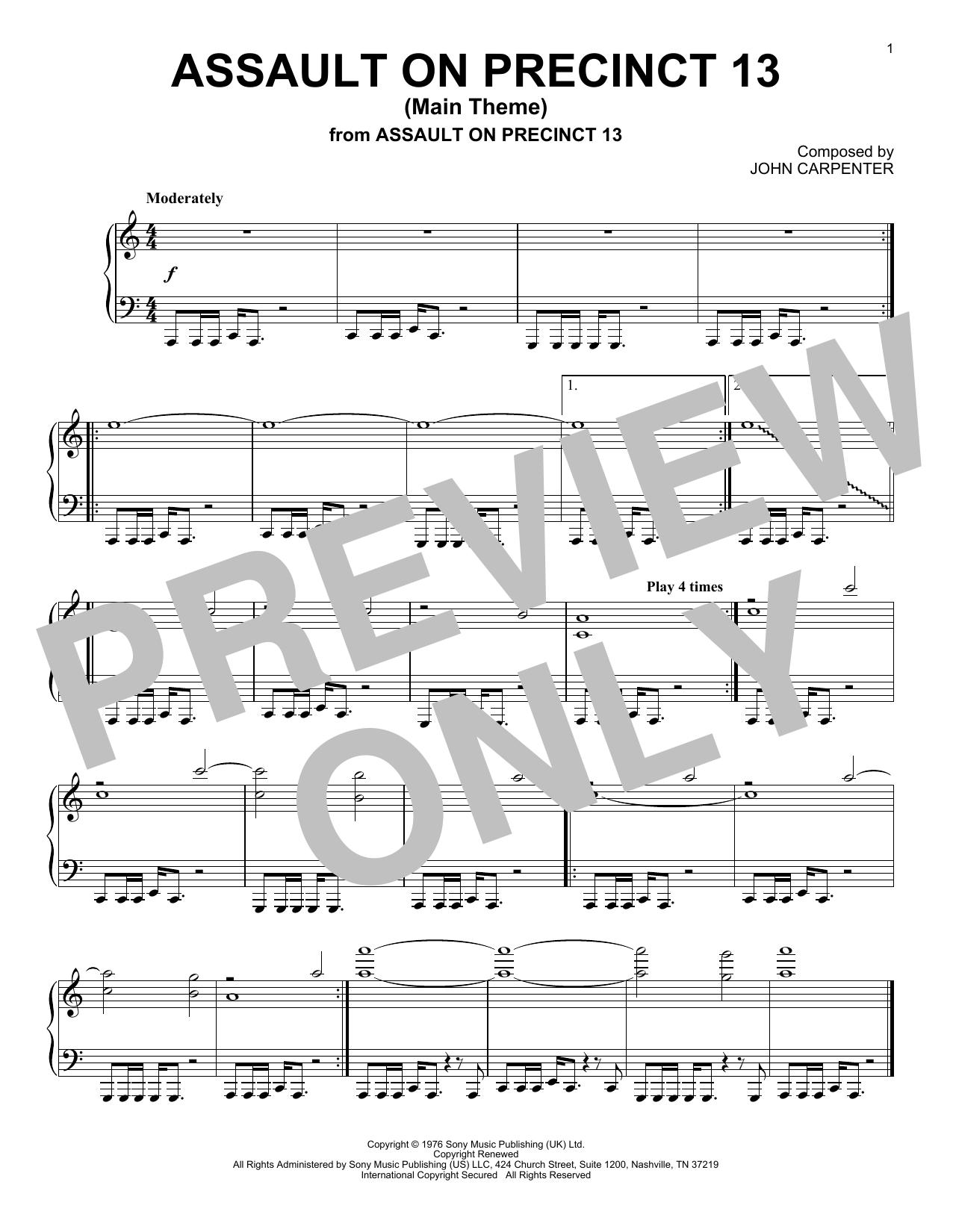 John Carpenter Assault On Precinct 13 (Main Theme) sheet music notes and chords arranged for Piano Solo