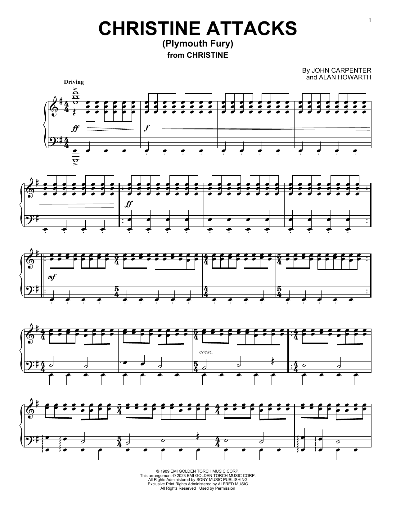 John Carpenter Christine Attacks (Plymouth Fury) (from Christine) sheet music notes and chords arranged for Piano Solo