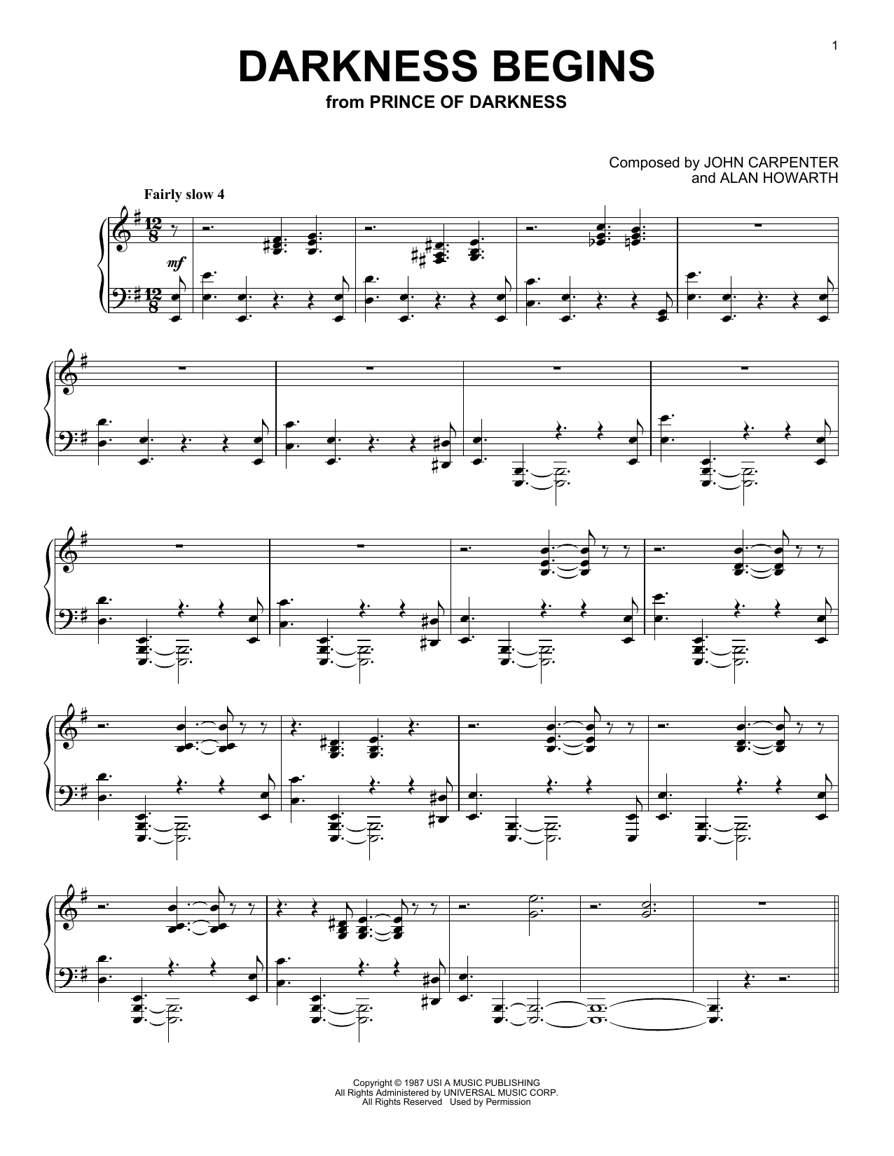John Carpenter Darkness Begins (from Prince Of Darkness) sheet music notes and chords arranged for Piano Solo