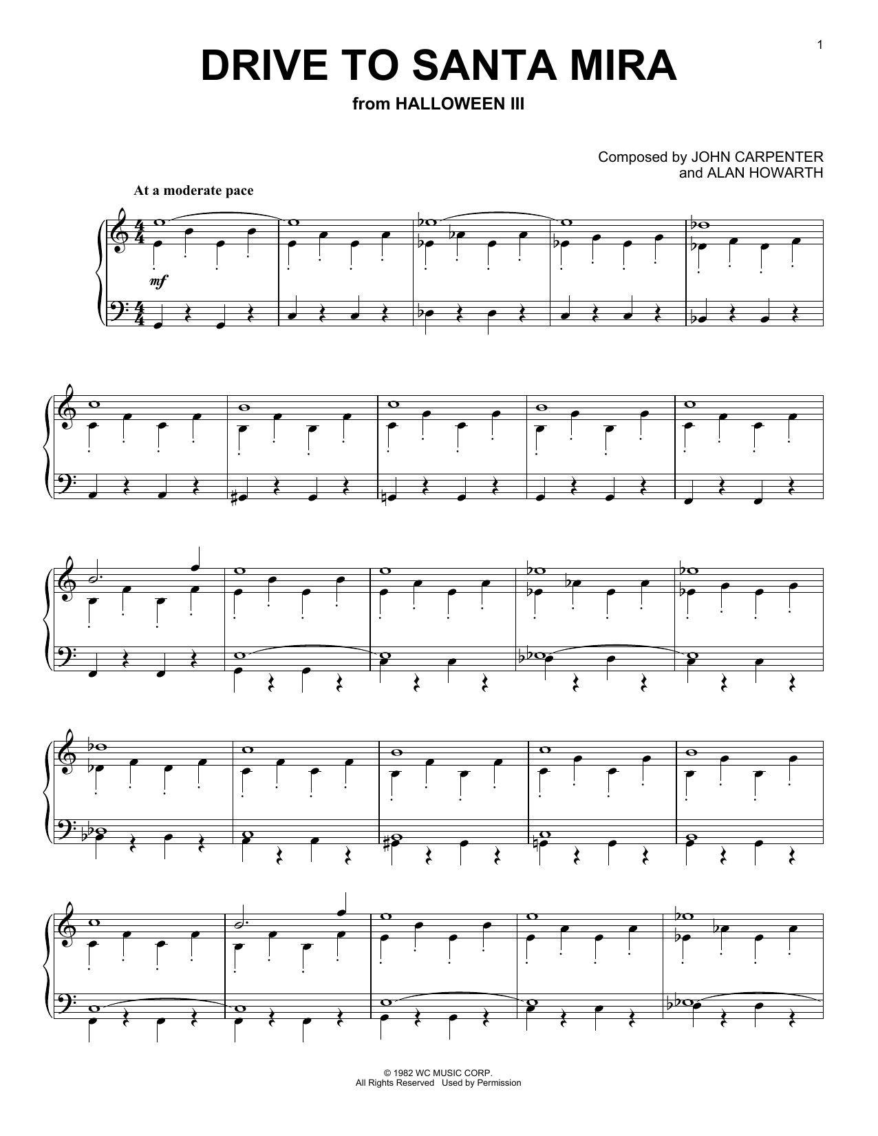 John Carpenter Drive To Santa Mira (from Halloween III) sheet music notes and chords arranged for Piano Solo