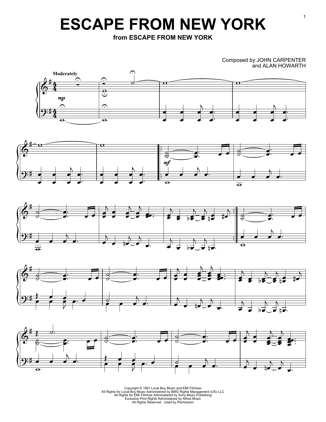 John Carpenter Escape From New York sheet music notes and chords arranged for Piano Solo