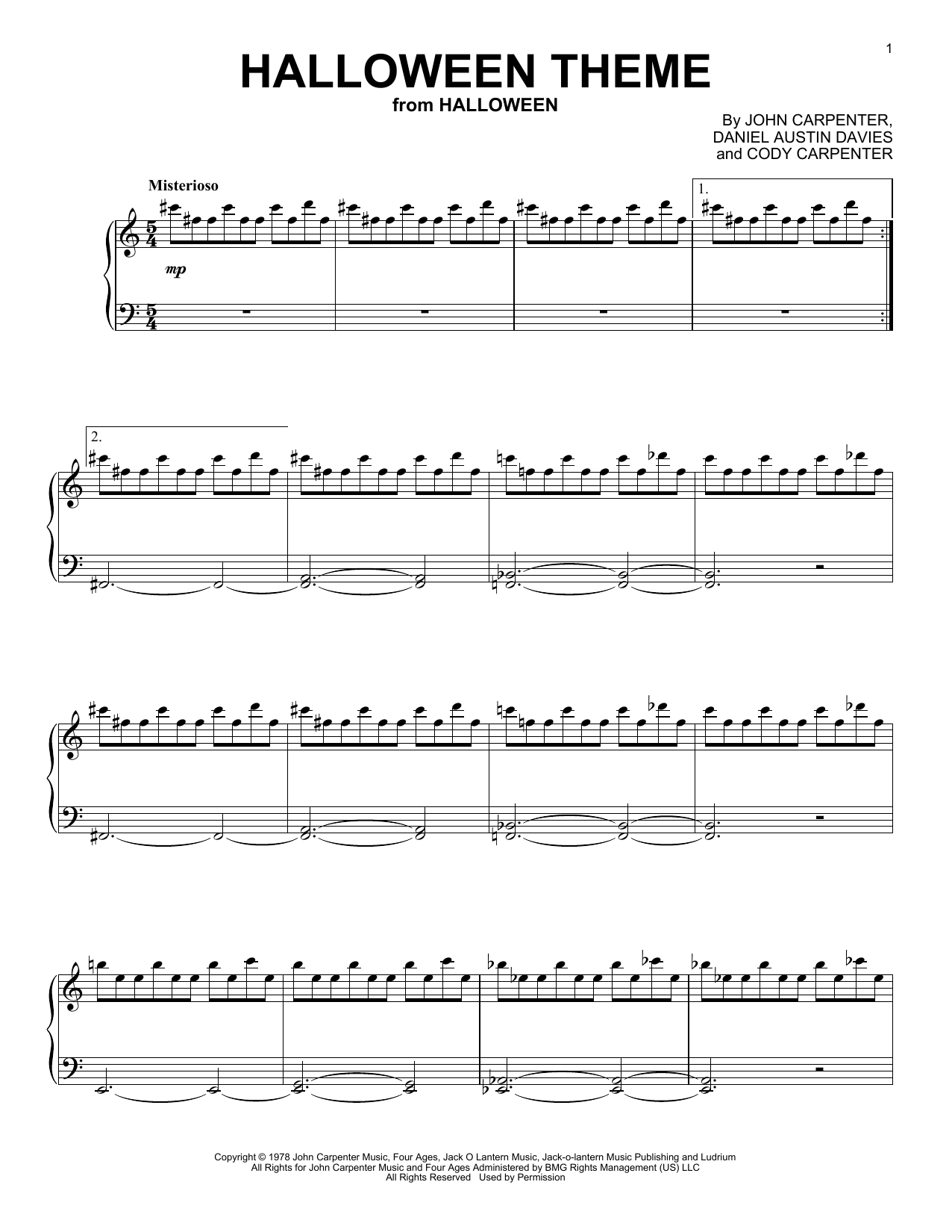 John Carpenter Halloween Theme sheet music notes and chords arranged for Piano Solo