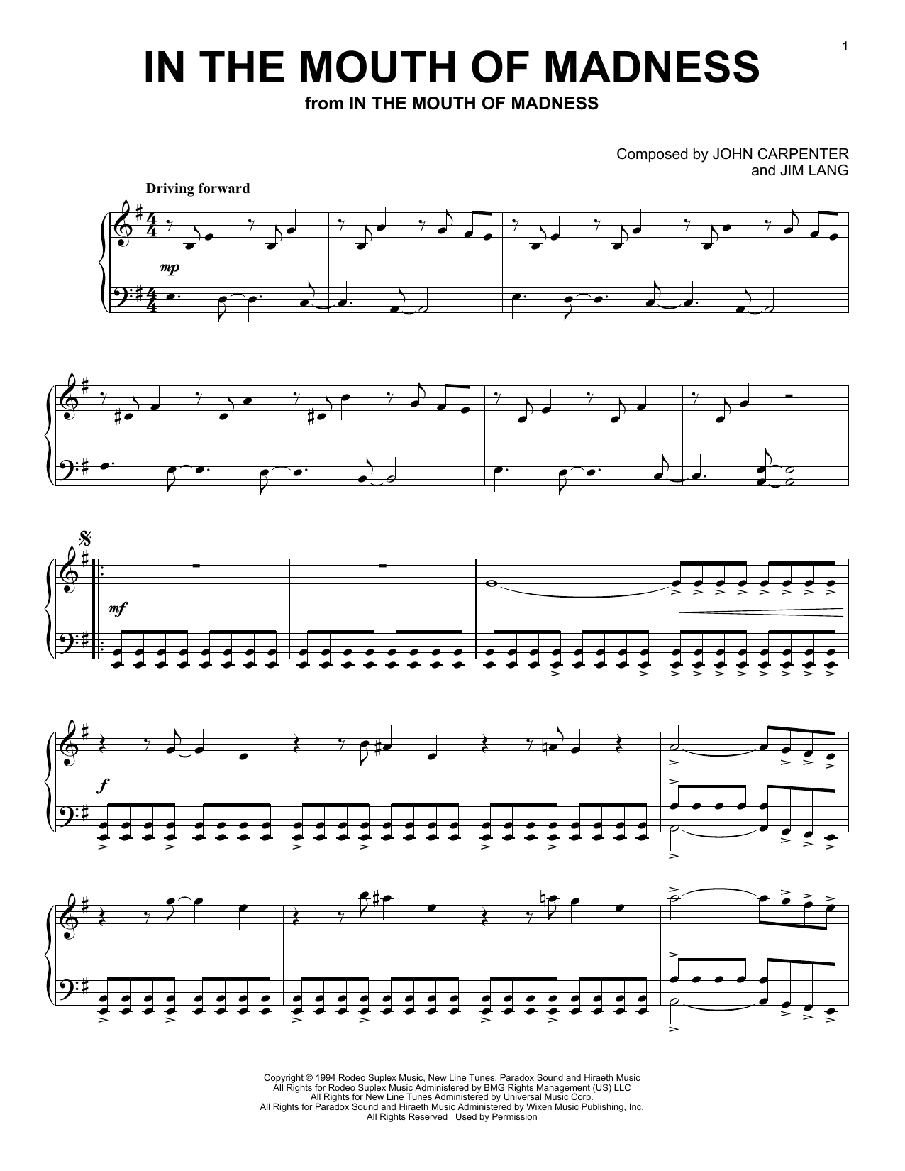 John Carpenter In The Mouth Of Madness sheet music notes and chords arranged for Piano Solo