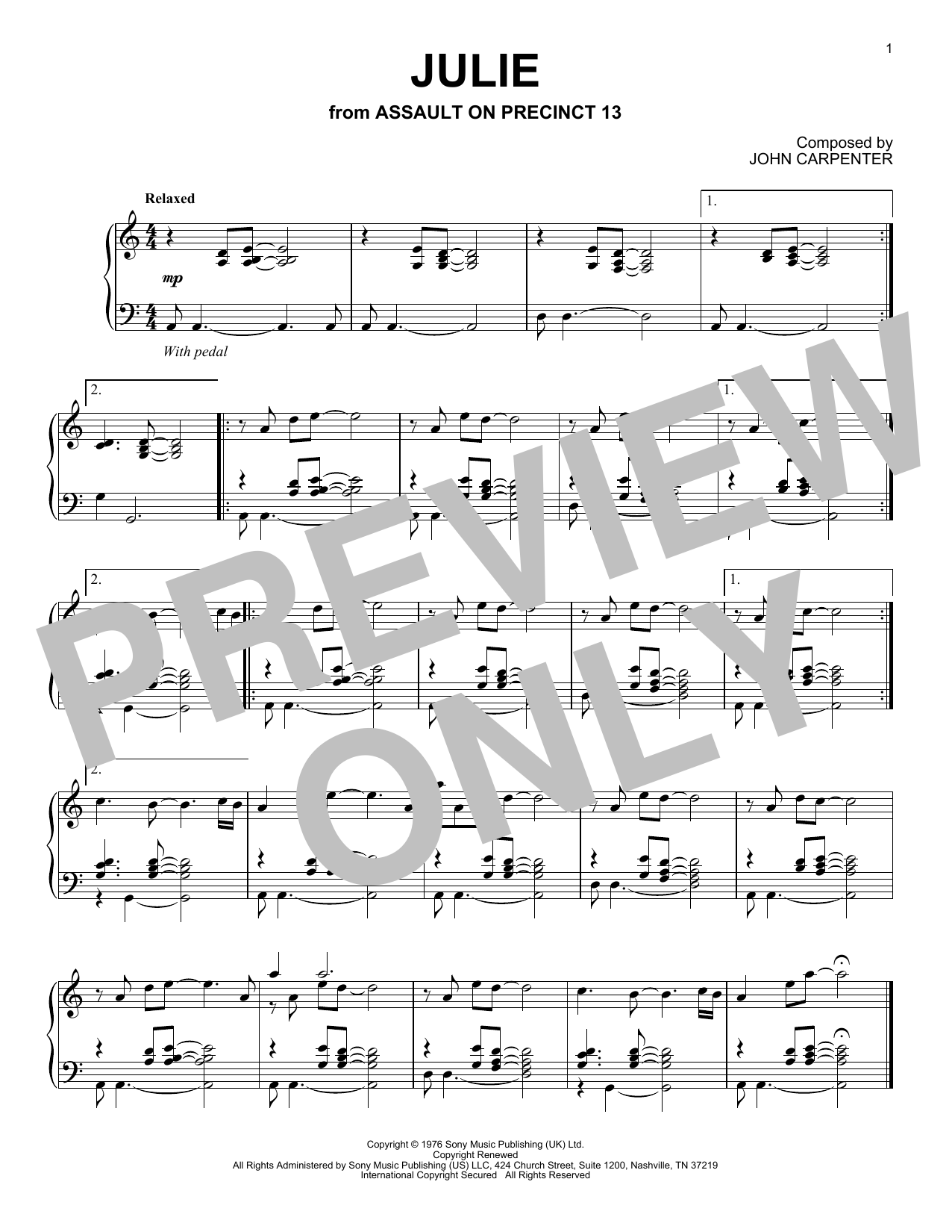 John Carpenter Julie (from Assault on Precinct 13) sheet music notes and chords arranged for Piano Solo