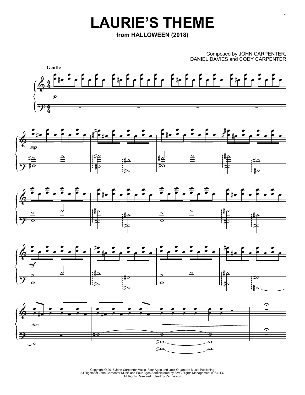 John Carpenter Laurie's Theme (from Halloween) sheet music notes and chords arranged for Piano Solo