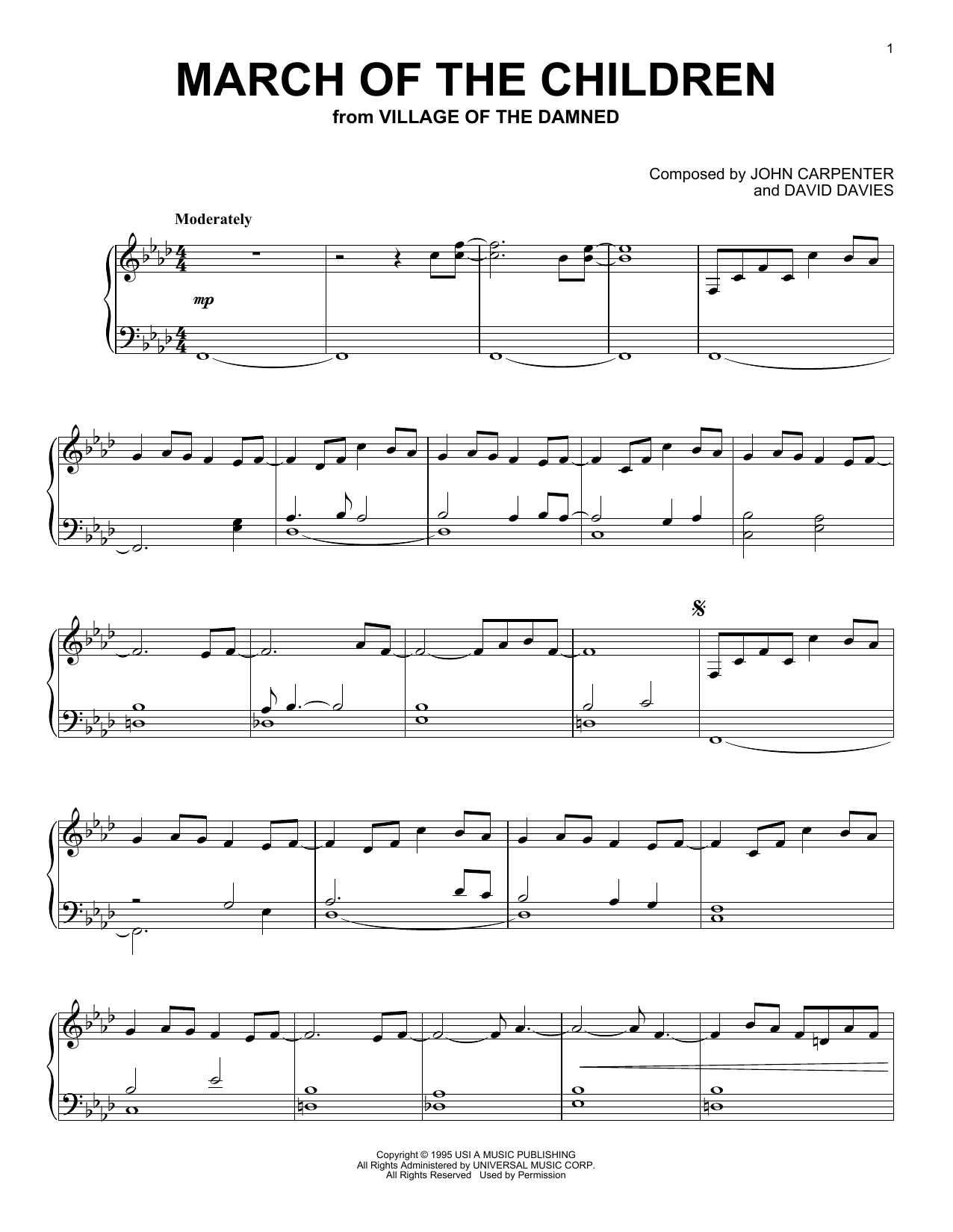 John Carpenter March Of The Children (from Village Of The Damned) sheet music notes and chords arranged for Piano Solo