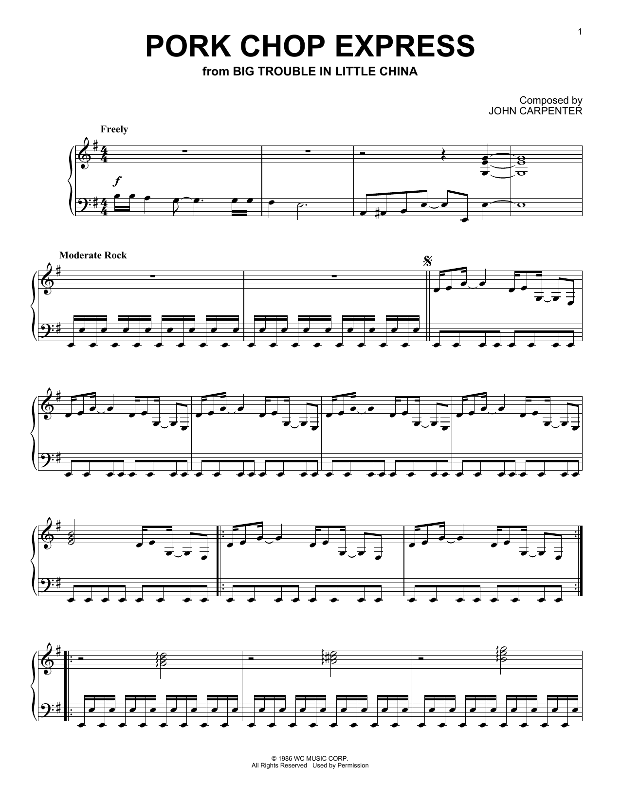 John Carpenter Pork Chop Express (from Big Trouble In Little China) sheet music notes and chords arranged for Piano Solo