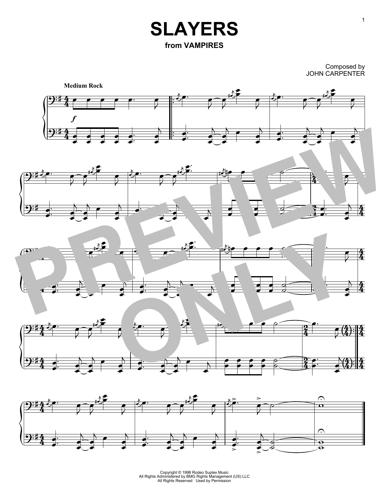 John Carpenter Slayers (from Vampires) sheet music notes and chords arranged for Piano Solo
