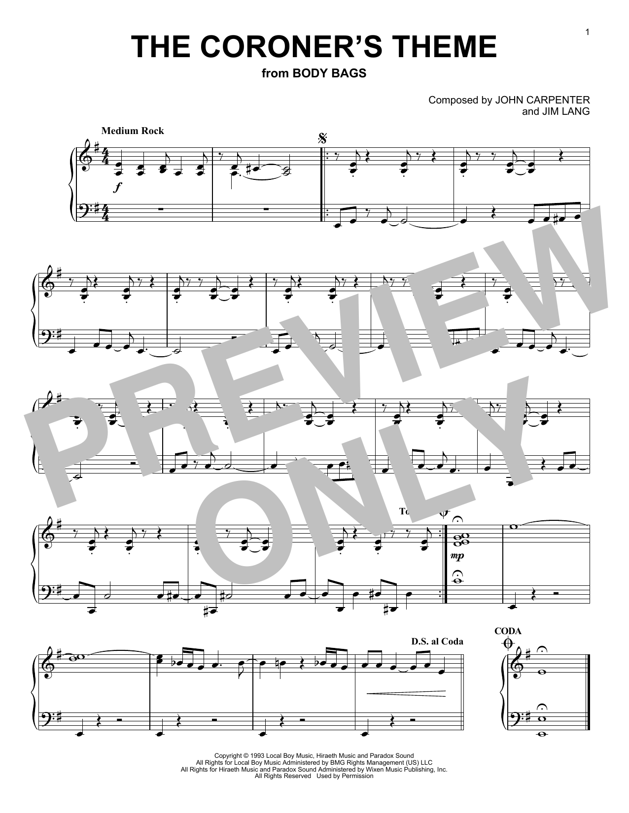 John Carpenter The Coroner's Theme (from Body Bags) sheet music notes and chords arranged for Piano Solo