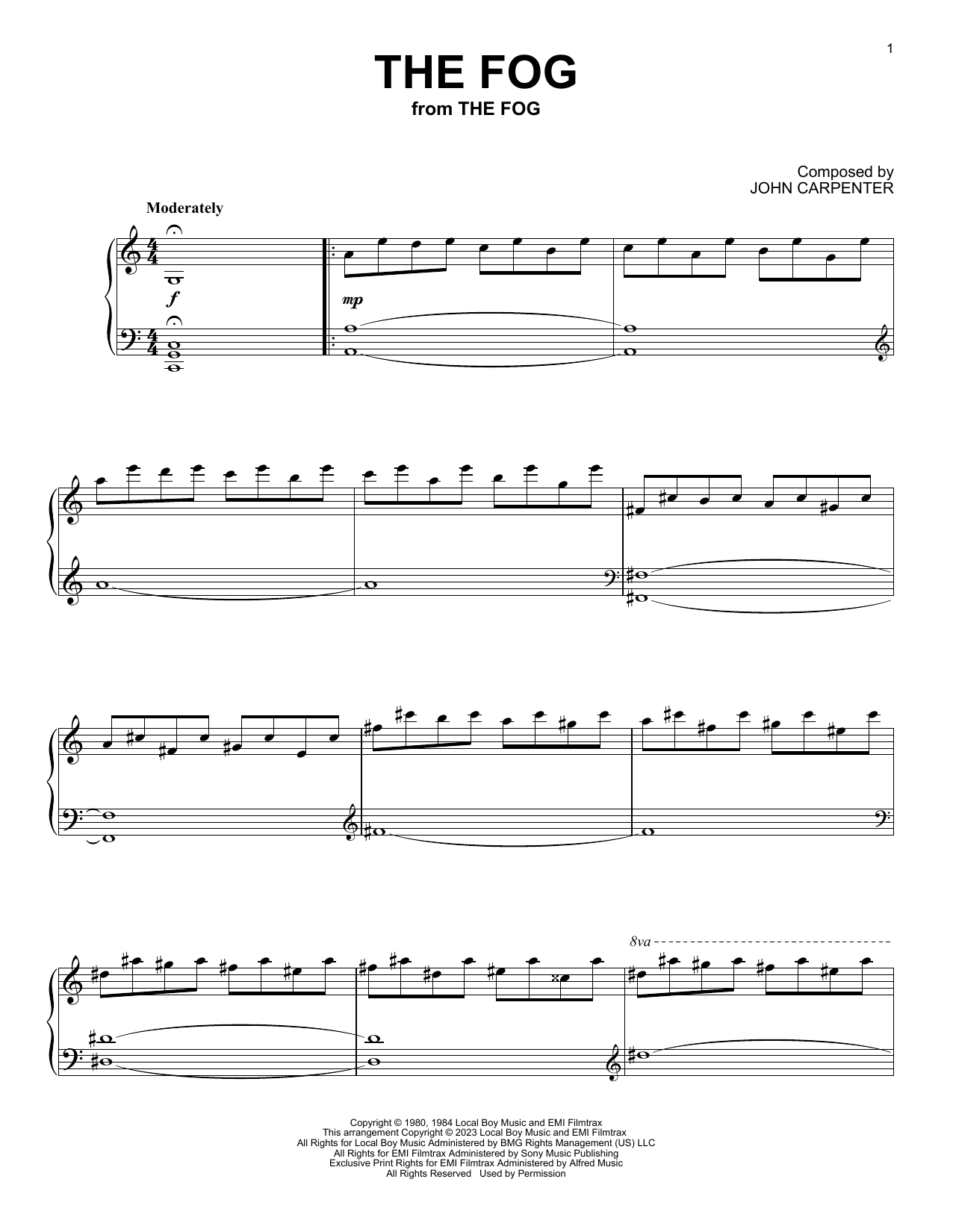 John Carpenter The Fog sheet music notes and chords arranged for Piano Solo