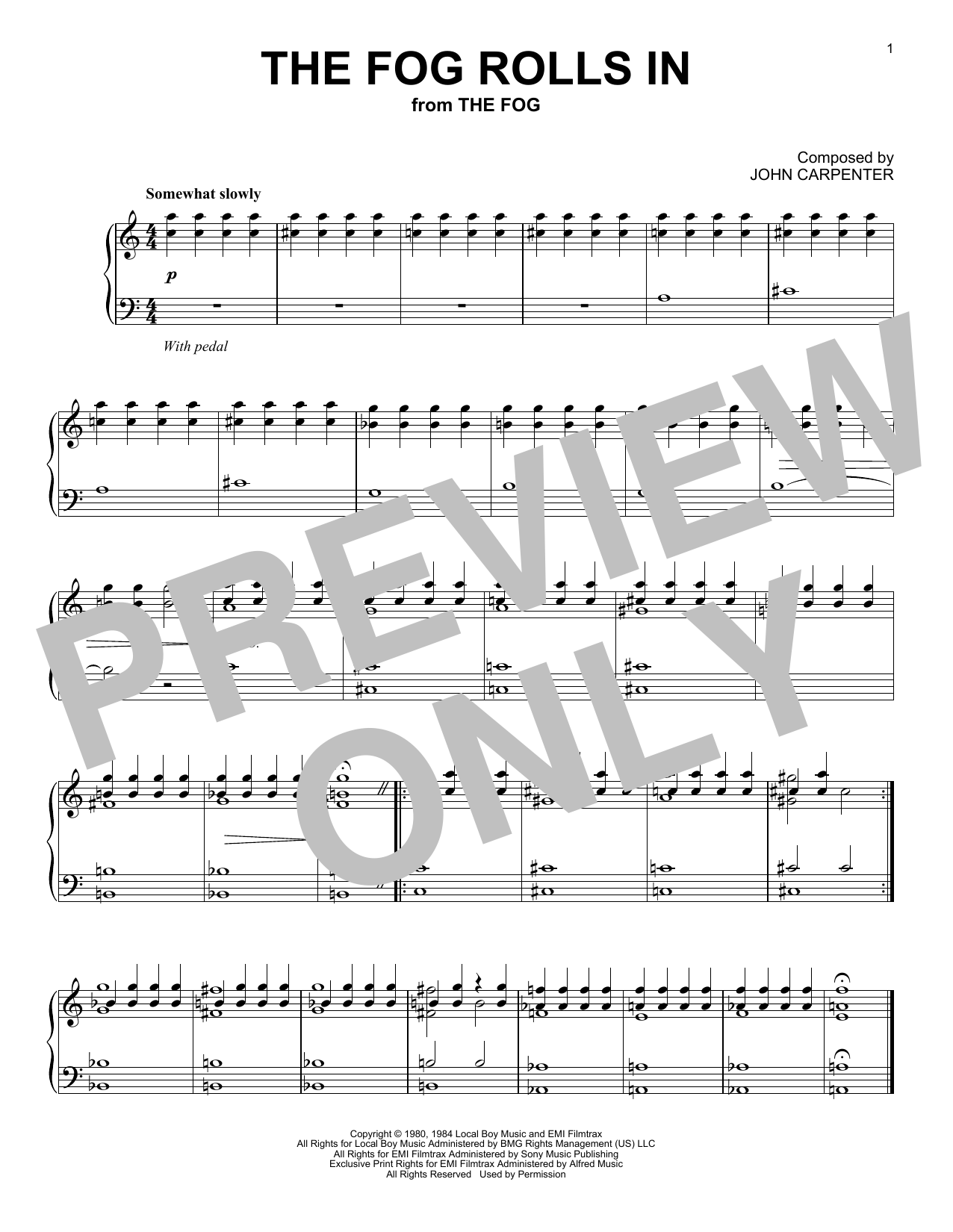 John Carpenter The Fog Rolls In (from The Fog) sheet music notes and chords arranged for Piano Solo