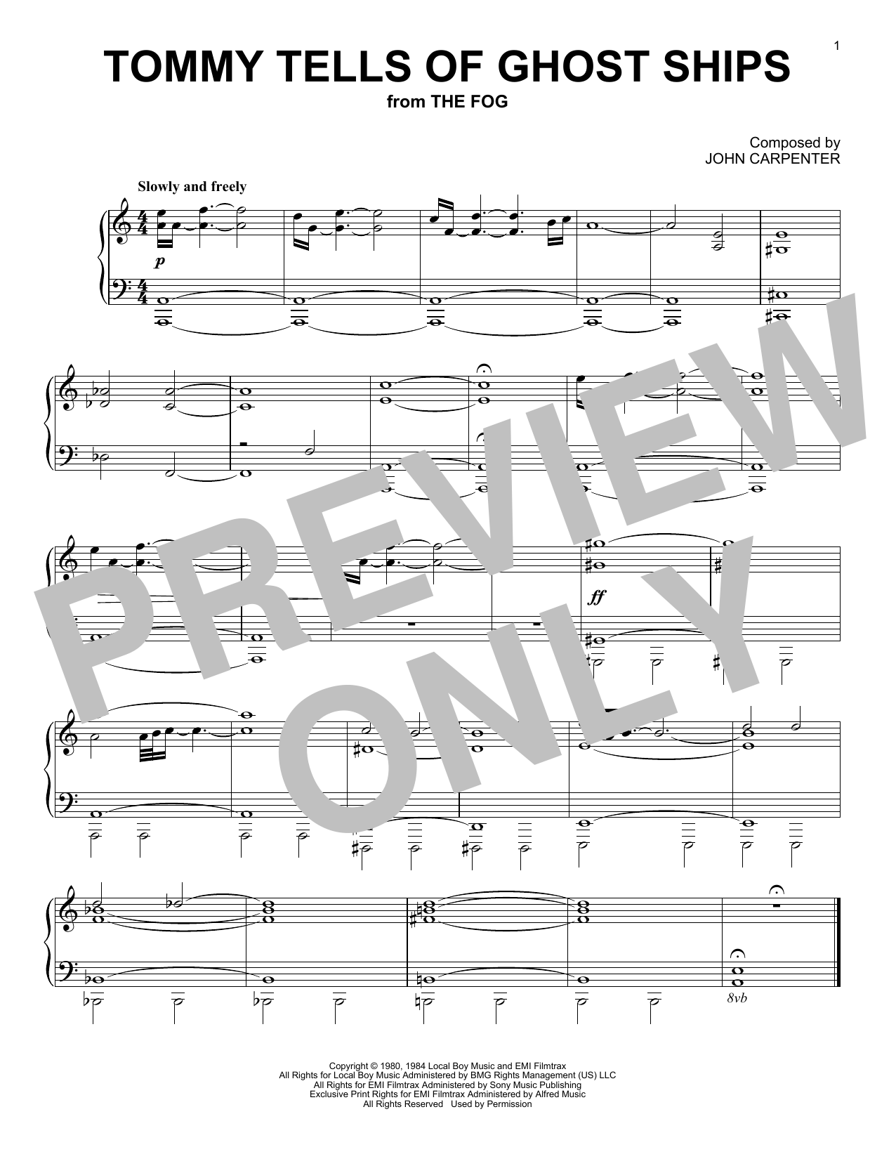 John Carpenter Tommy Tells Of Ghost Ships (from The Fog) sheet music notes and chords arranged for Piano Solo