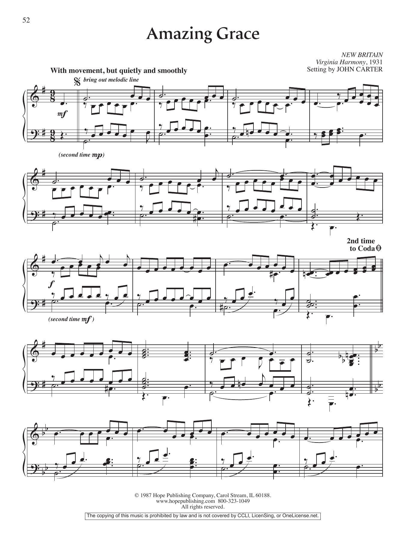 John Carter Amazing Grace sheet music notes and chords arranged for Piano Solo