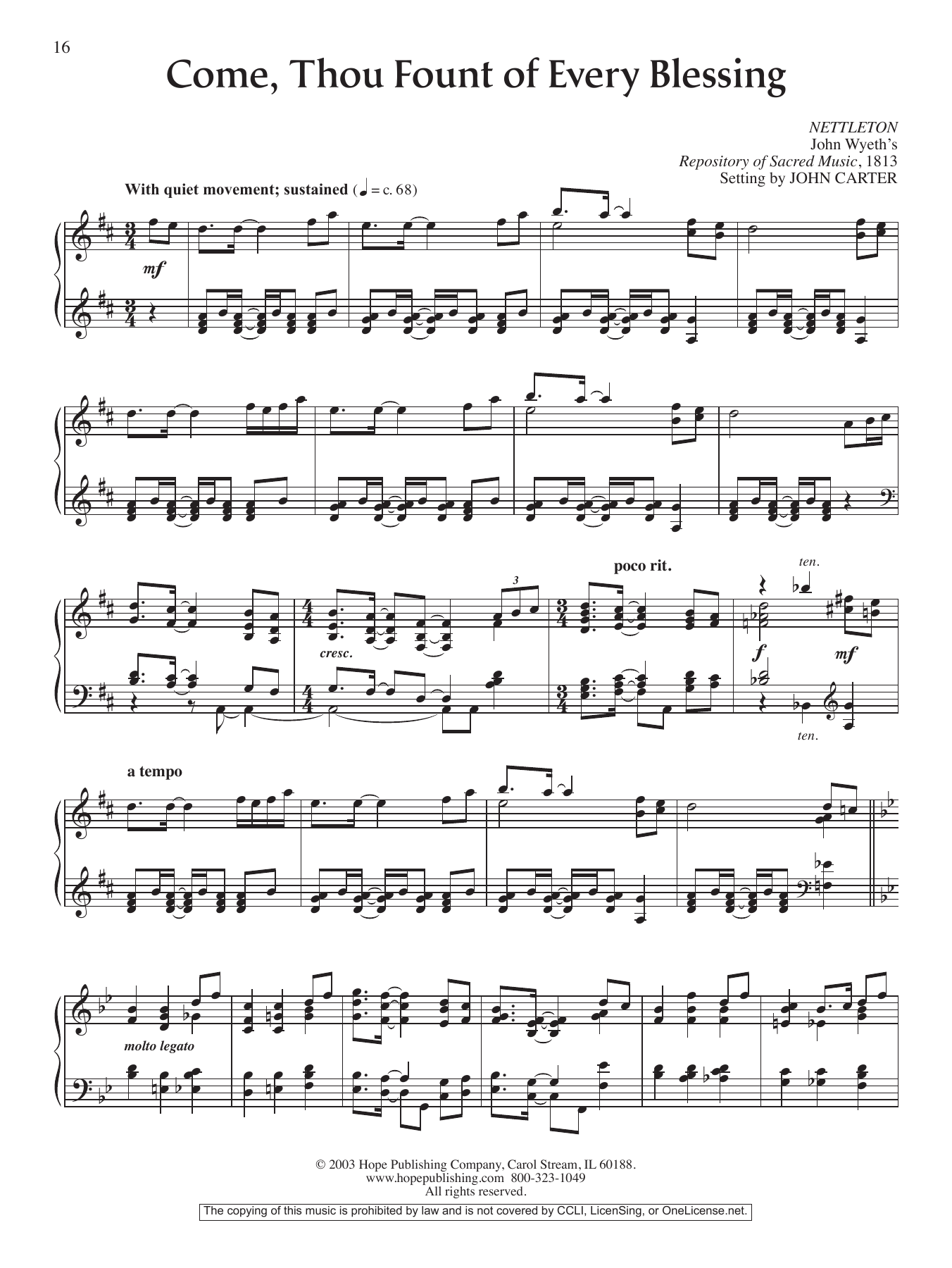 John Carter Come, Thou Fount of Every Blessing sheet music notes and chords arranged for Piano Solo