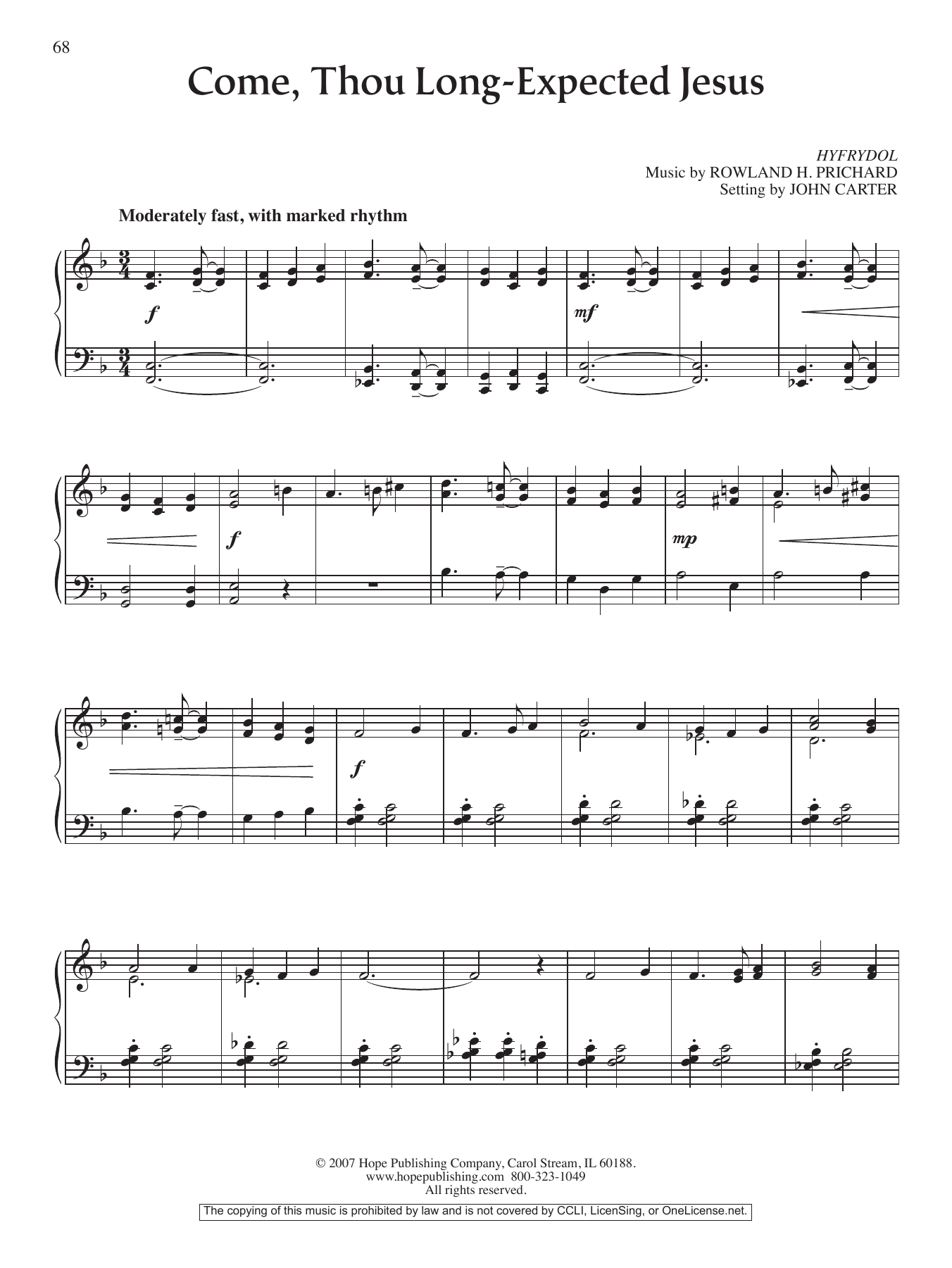 John Carter Come, Thou Long-Expected Jesus sheet music notes and chords arranged for Piano Solo