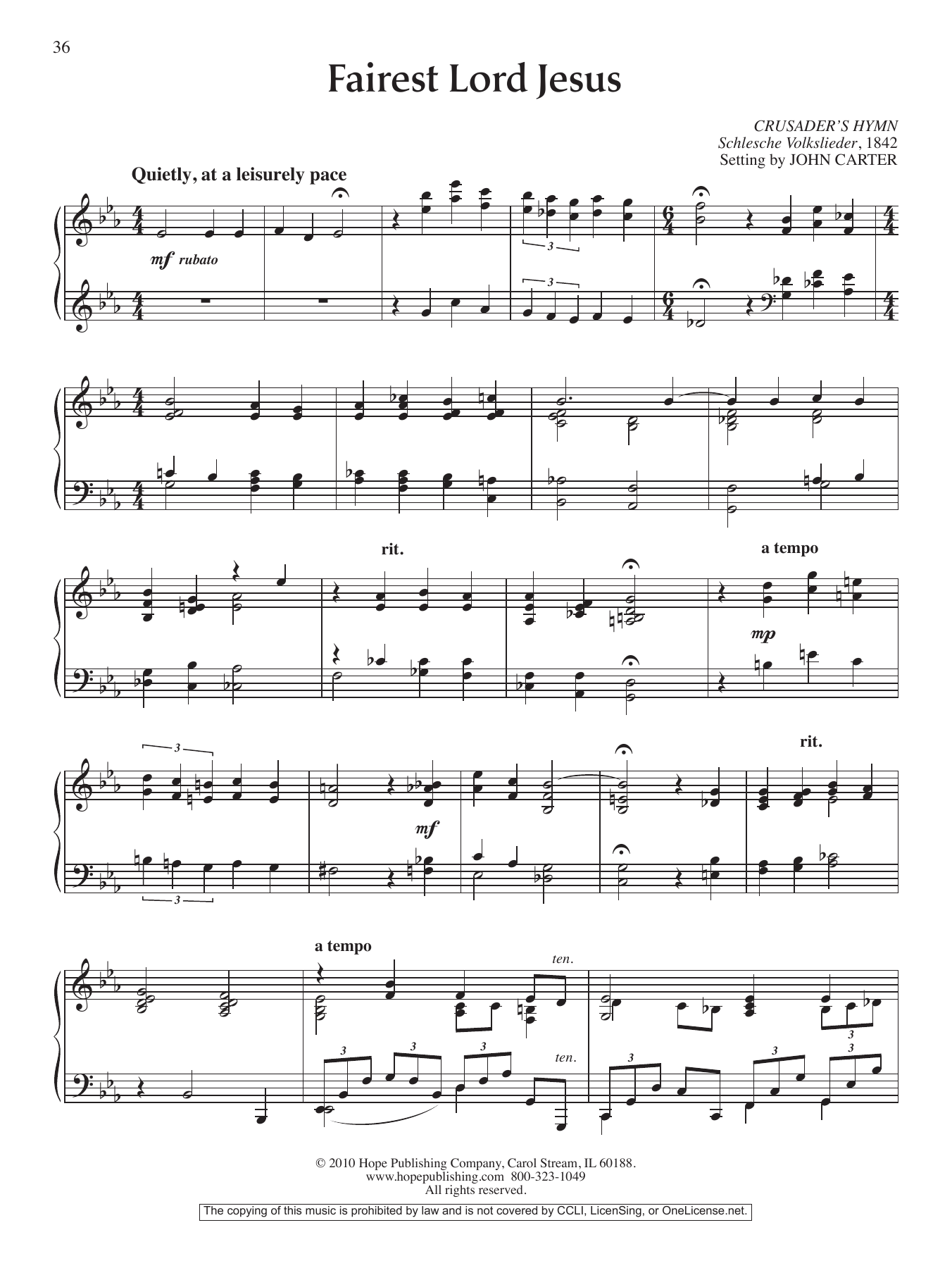 John Carter Fairest Lord Jesus sheet music notes and chords arranged for Piano Solo