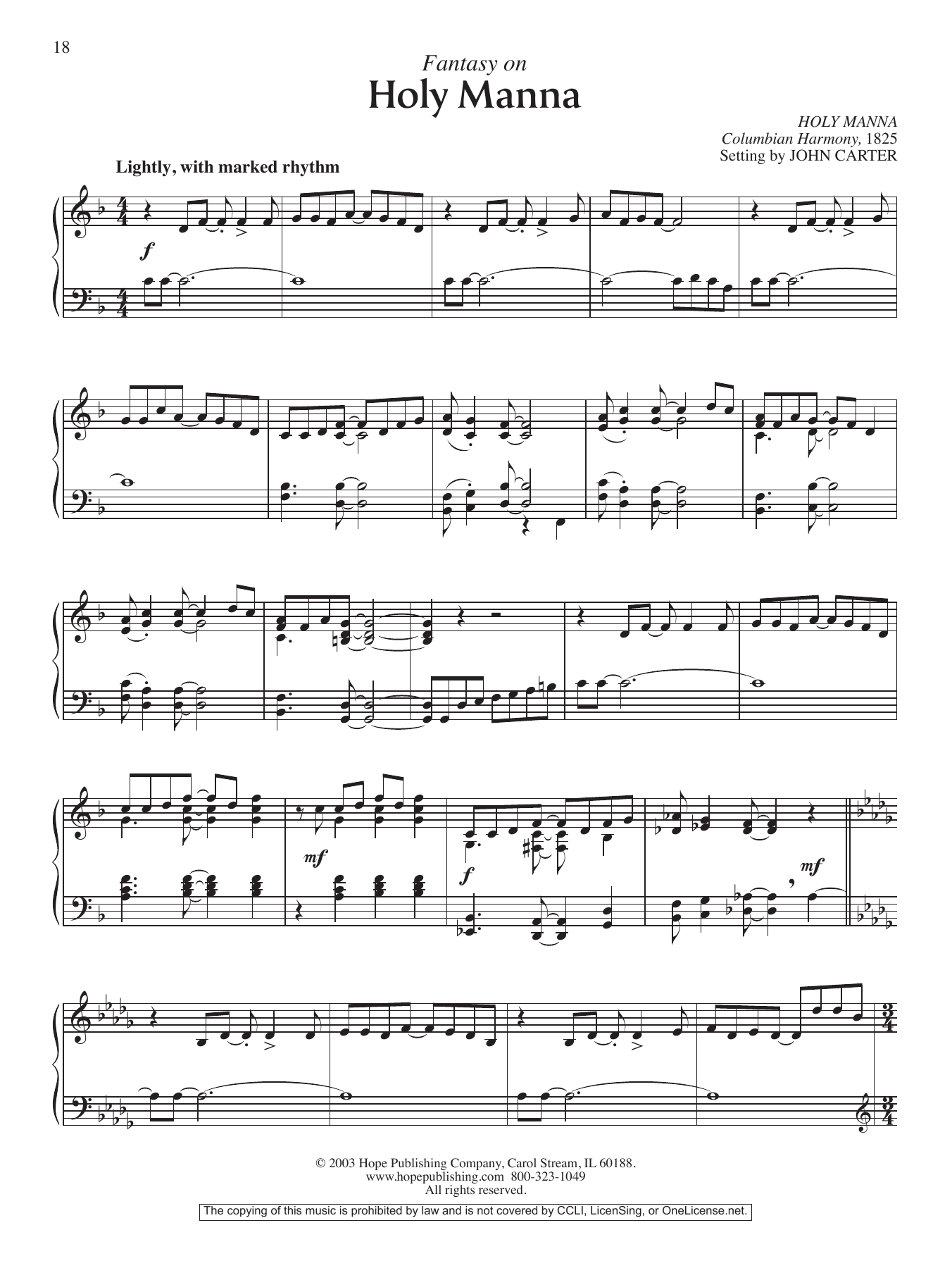 John Carter Fantasy on Holy Manna sheet music notes and chords arranged for Piano Solo