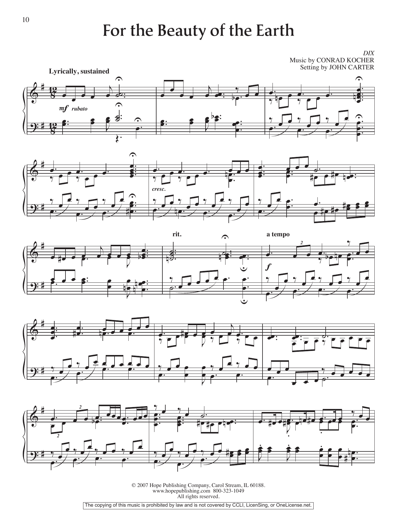 John Carter For the Beauty of the Earth sheet music notes and chords arranged for Piano Solo