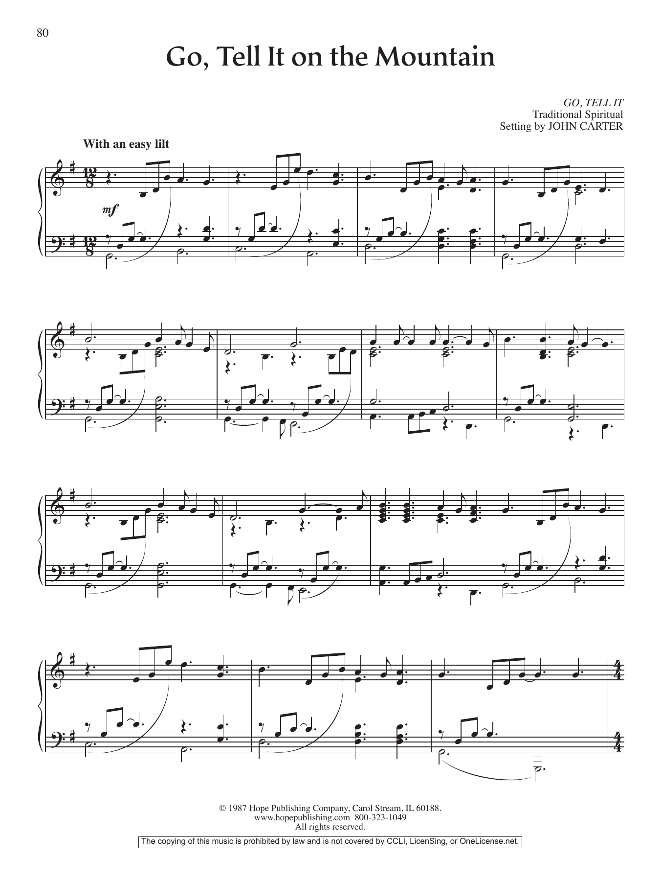John Carter Go, Tell It on the Mountain sheet music notes and chords arranged for Piano Solo
