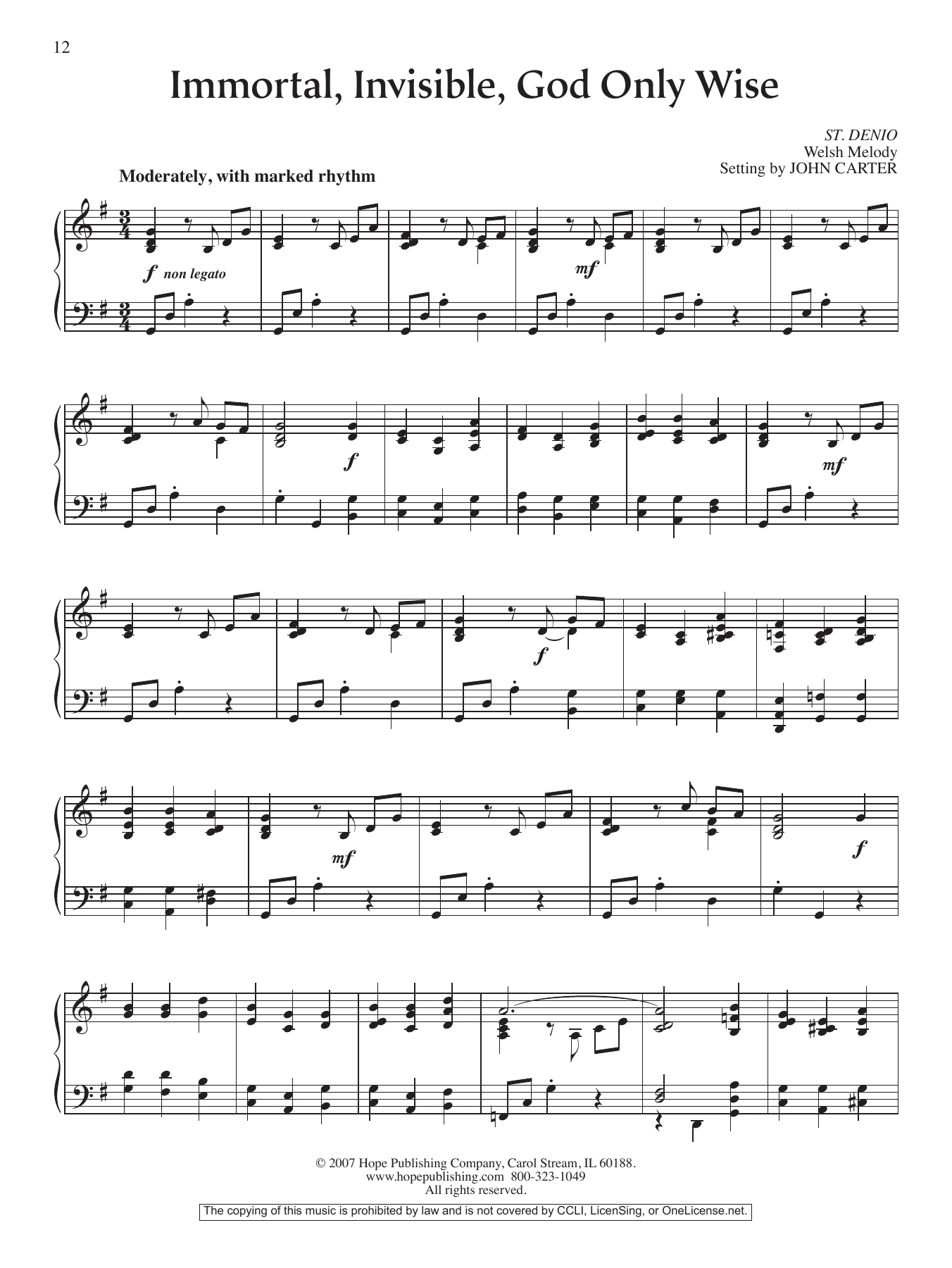 John Carter Immortal, Invisible, God Only Wise sheet music notes and chords arranged for Piano Solo