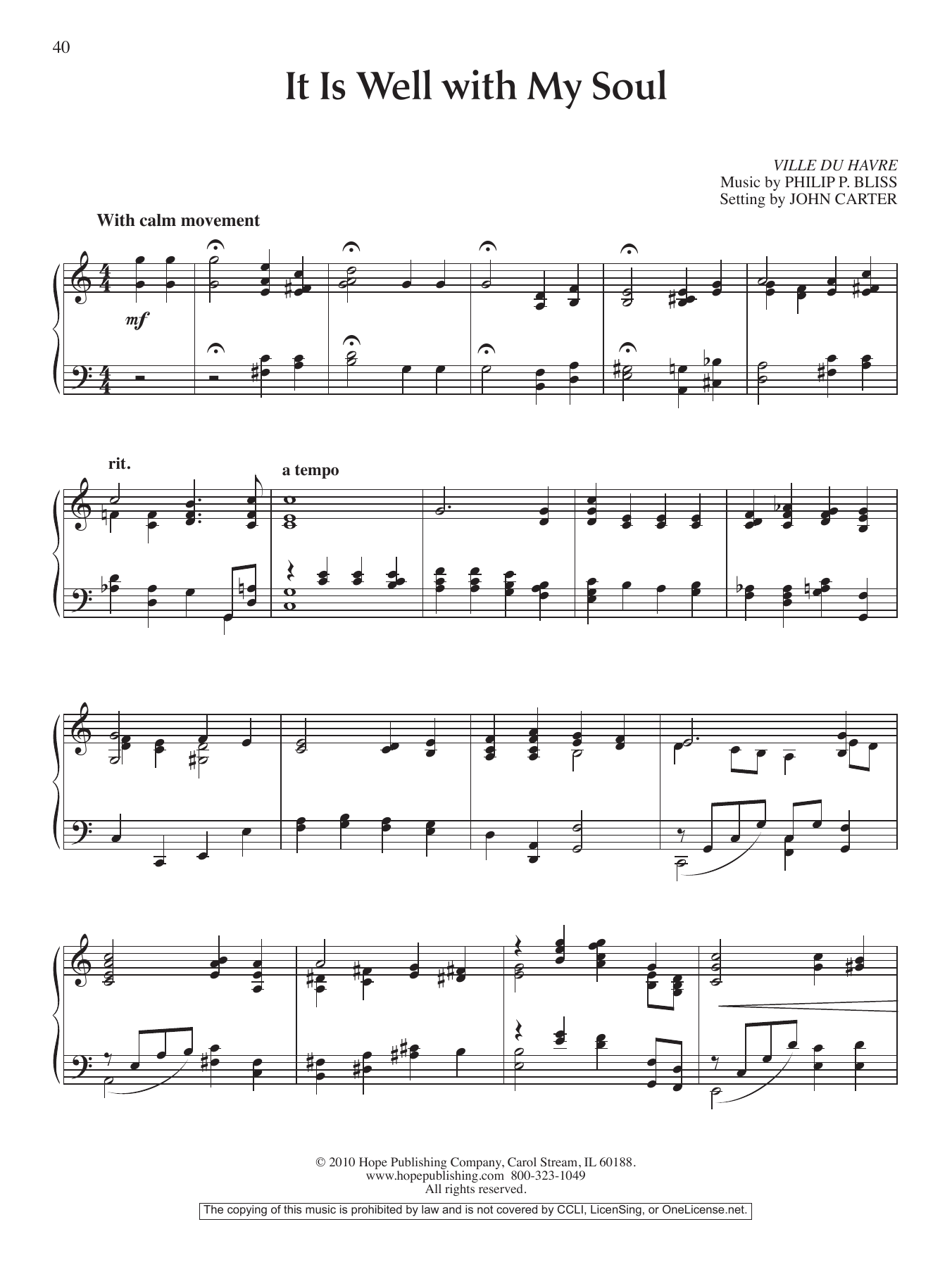 John Carter It Is Well with My Soul sheet music notes and chords arranged for Piano Solo