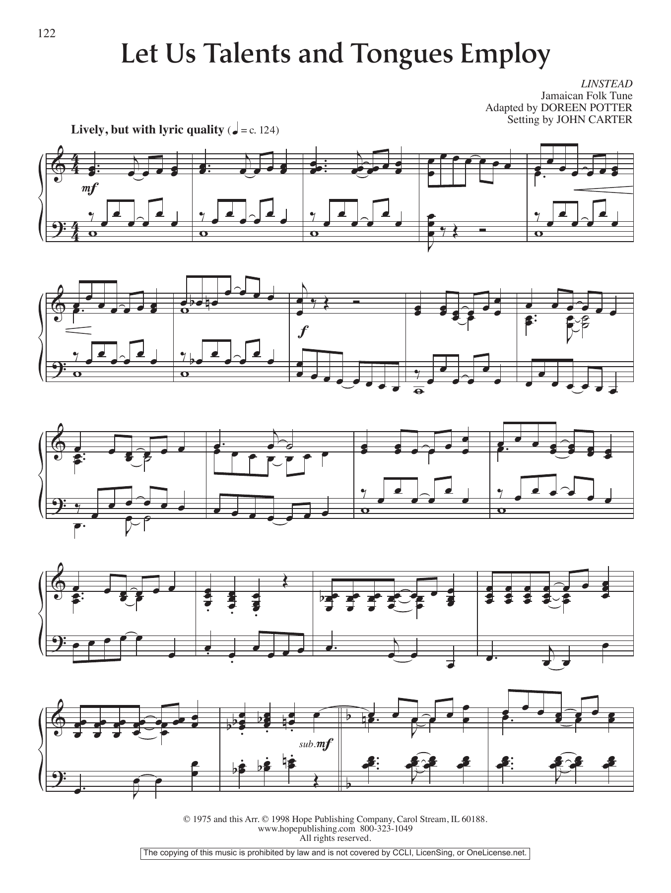 John Carter Let Us Talents and Tongues Employ sheet music notes and chords arranged for Piano Solo