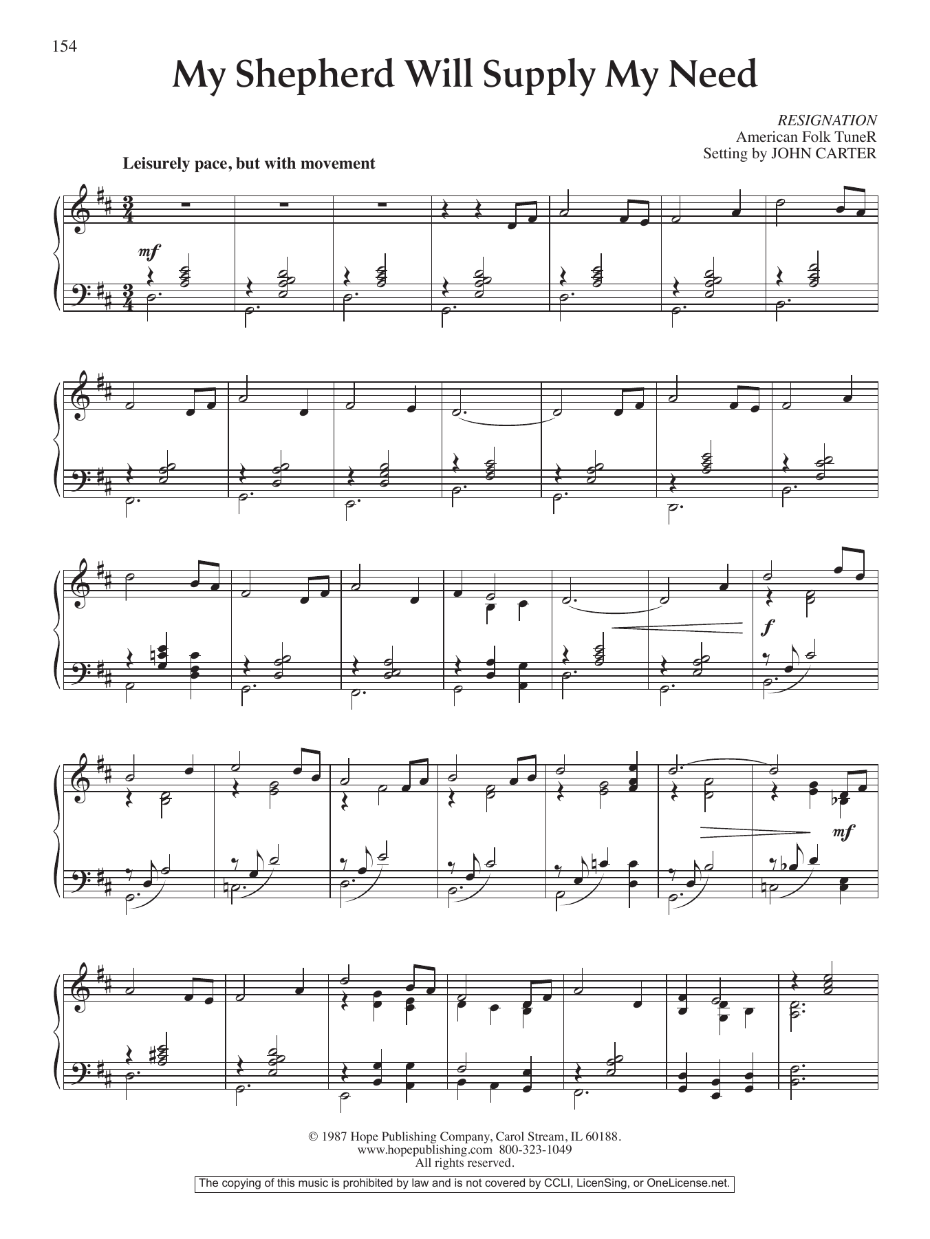 John Carter My Shepherd Will Supply My Need sheet music notes and chords arranged for Piano Solo