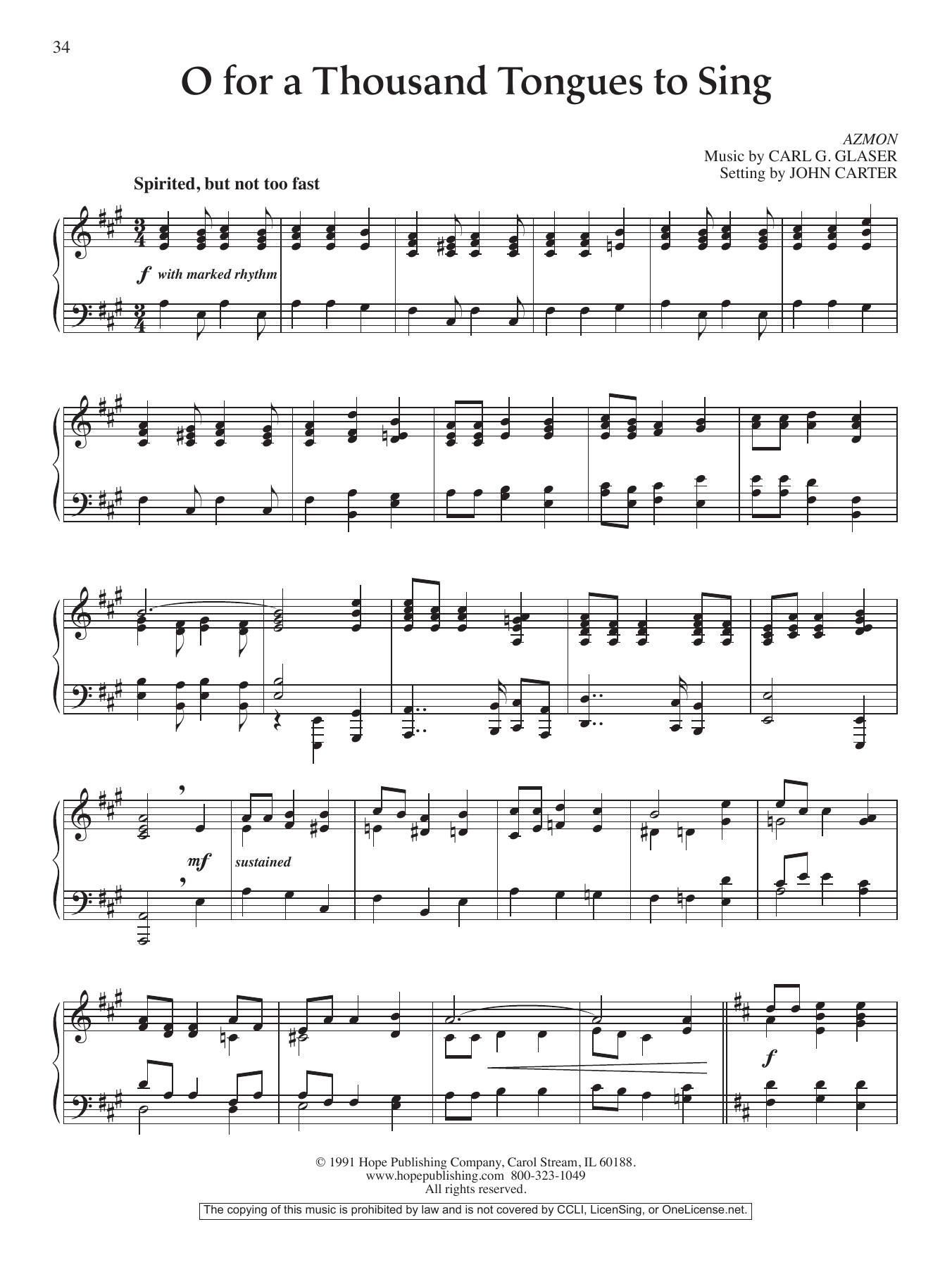 John Carter O For A Thousand Tongues To Sing sheet music notes and chords arranged for Piano Solo