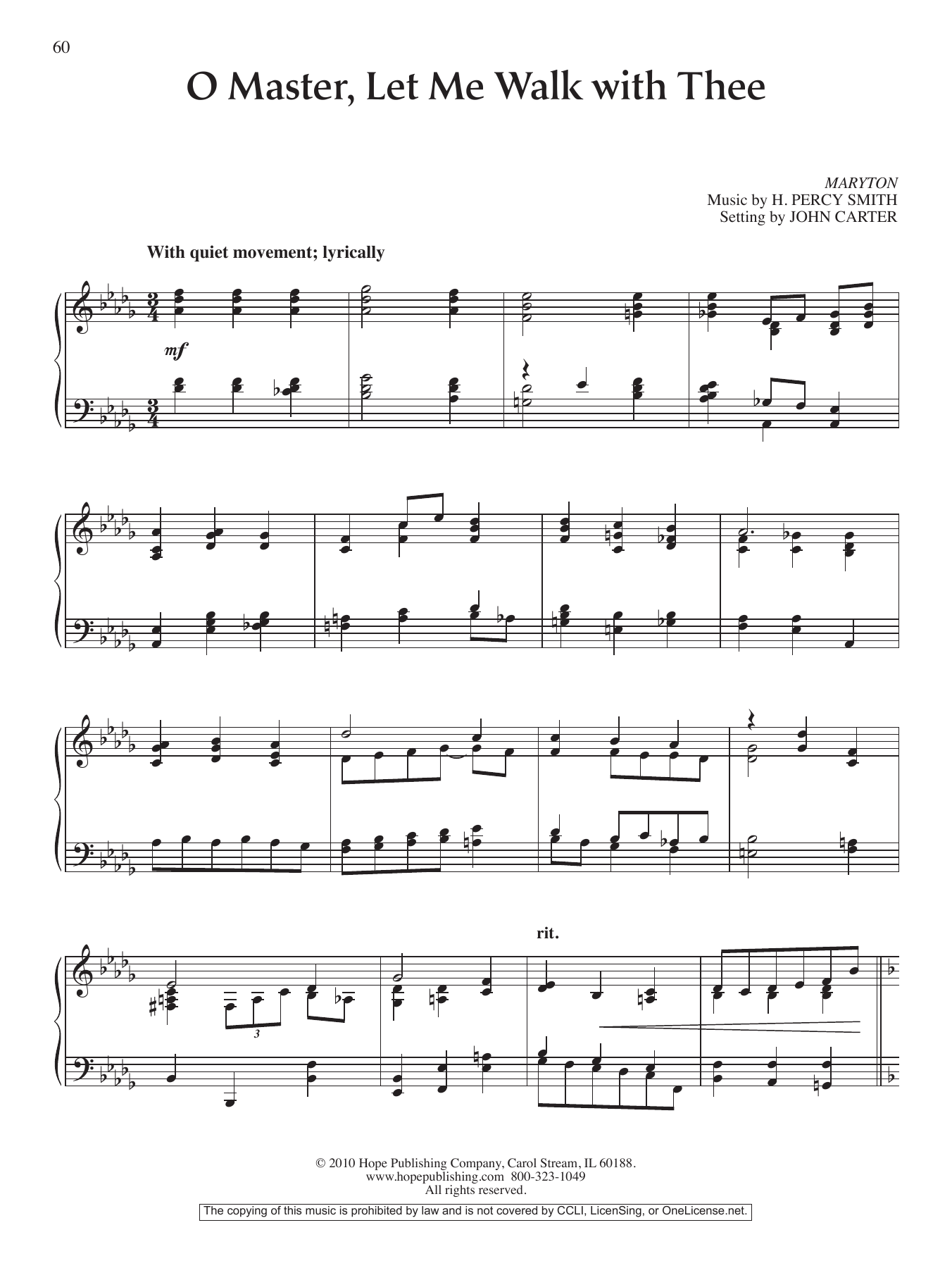 John Carter O Master, Let Me Walk with Thee sheet music notes and chords arranged for Piano Solo