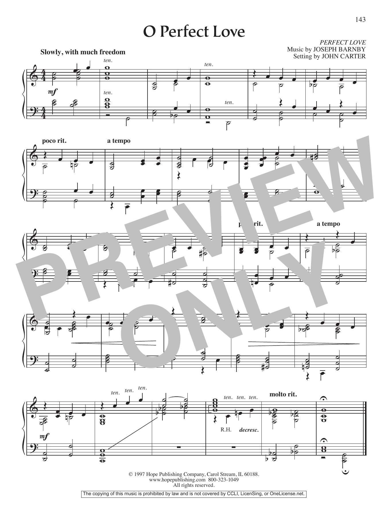 John Carter O Perfect Love sheet music notes and chords arranged for Piano Solo