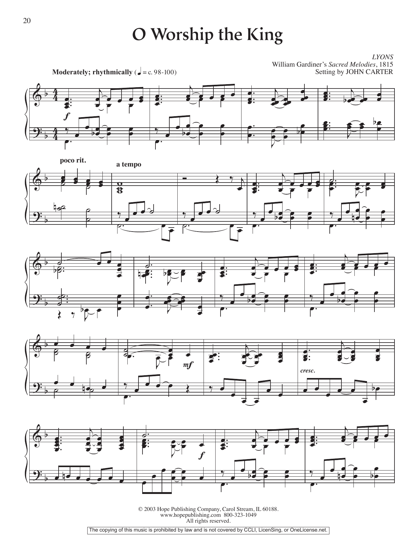 John Carter O Worship the King sheet music notes and chords arranged for Piano Solo