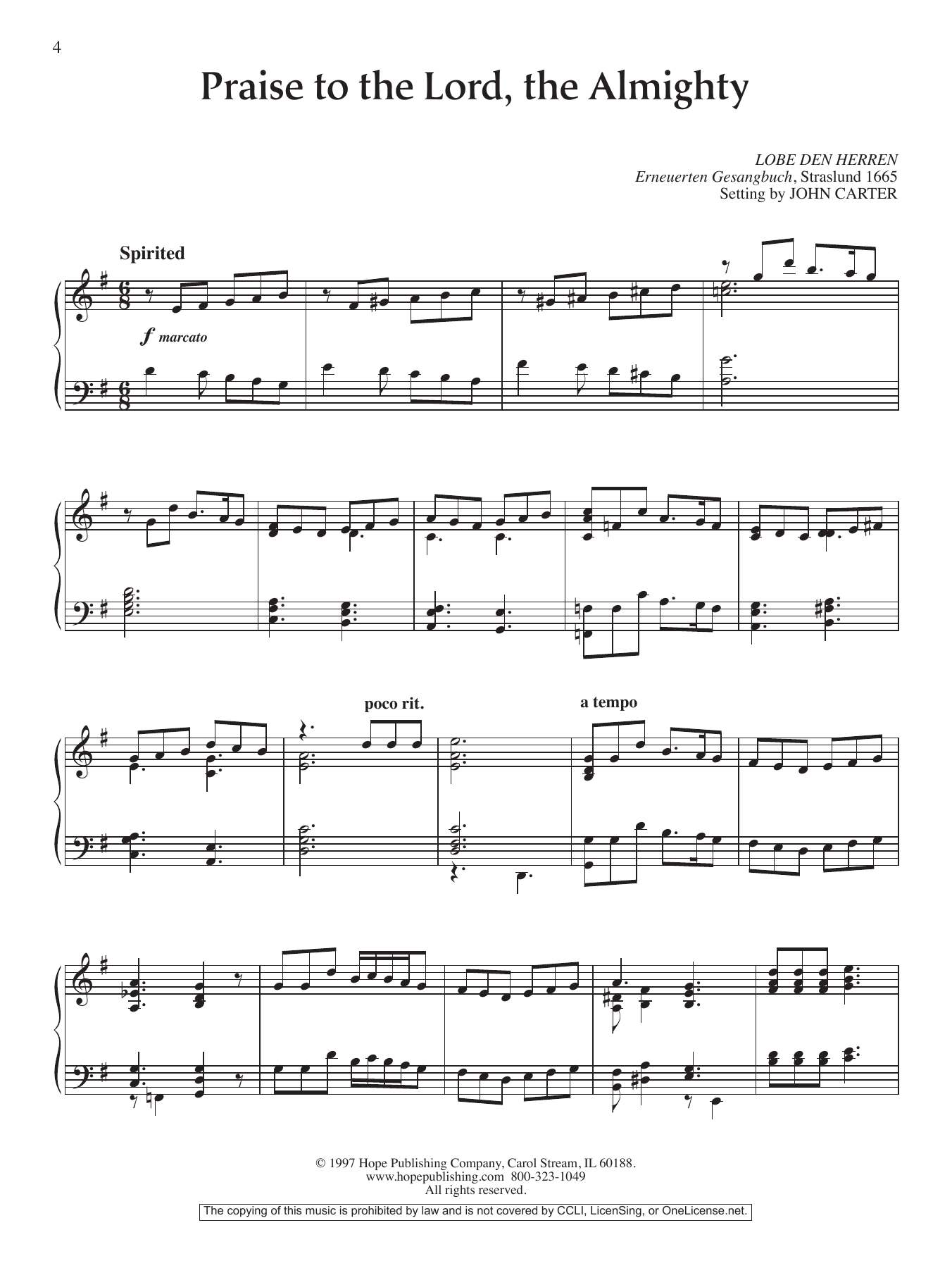 John Carter Praise to the Lord, the Almighty! sheet music notes and chords arranged for Piano Solo