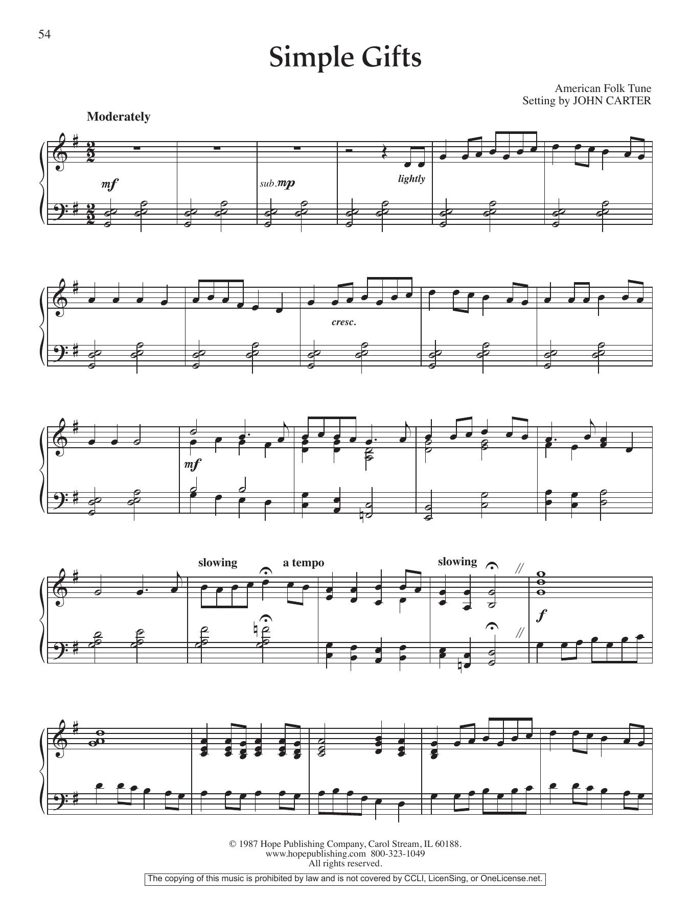 John Carter Simple Gifts sheet music notes and chords arranged for Piano Solo