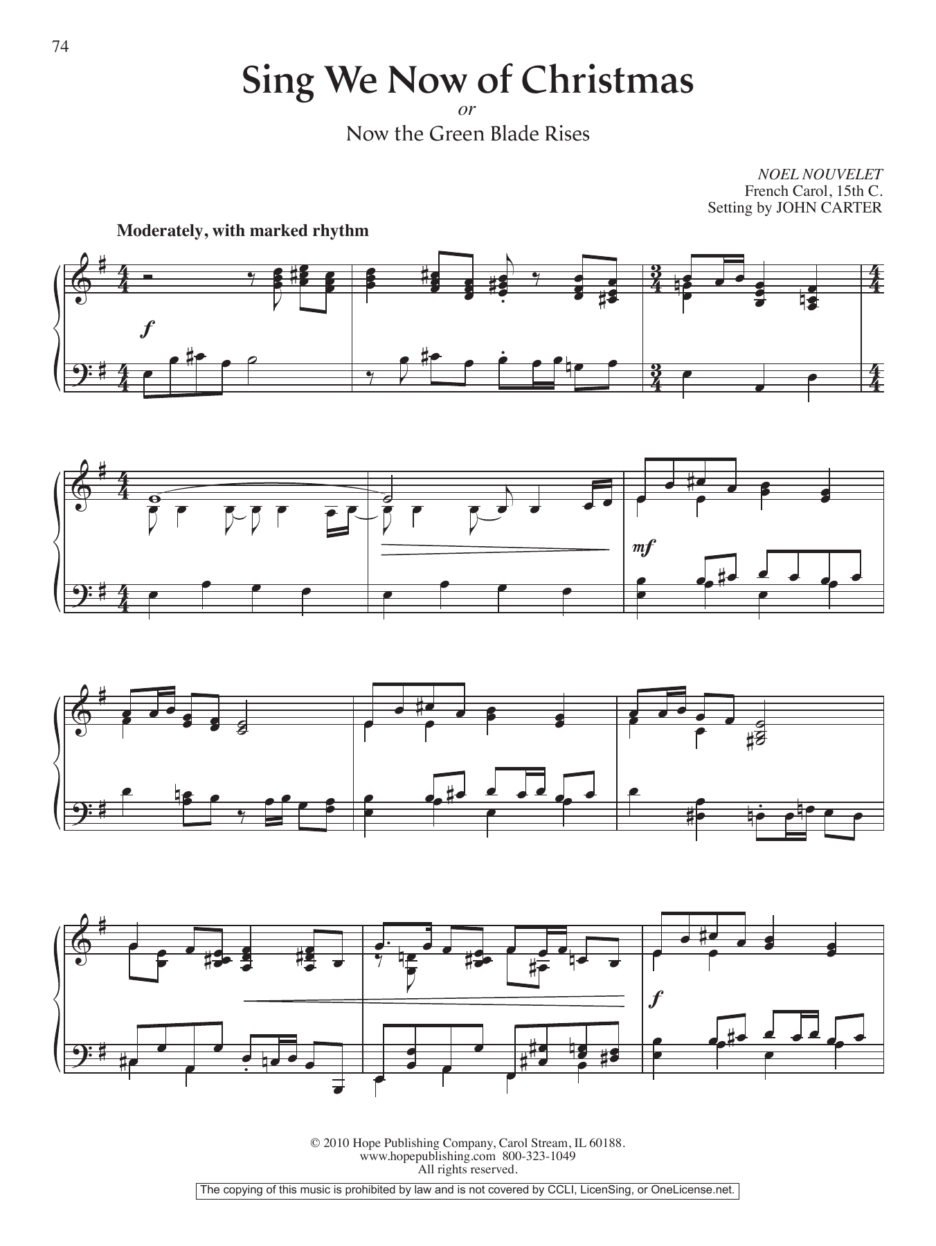 John Carter Sing We Now of Chistmas (or Now the Green Blade Rises) sheet music notes and chords arranged for Piano Solo