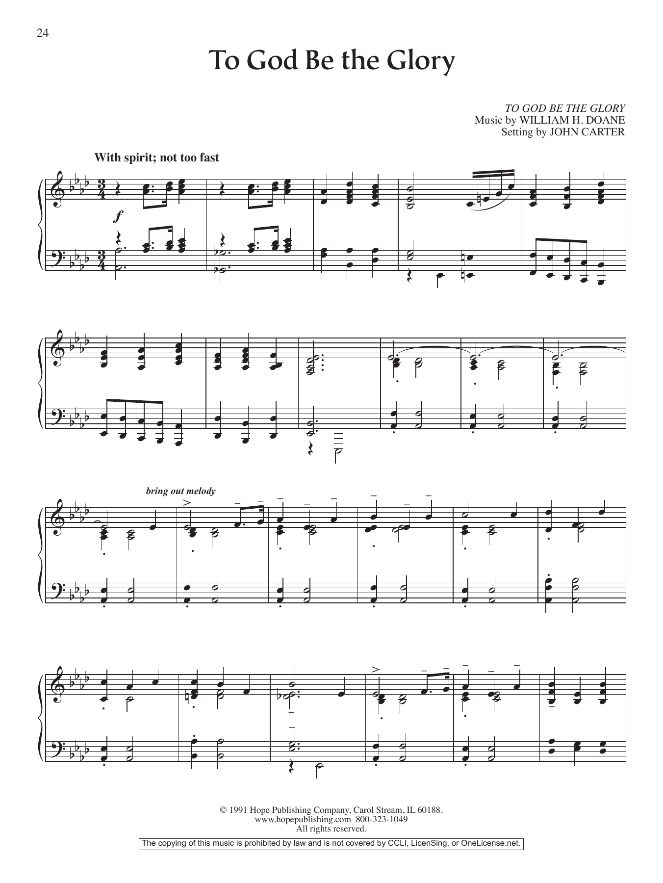 John Carter To God Be The Glory sheet music notes and chords arranged for Piano Solo