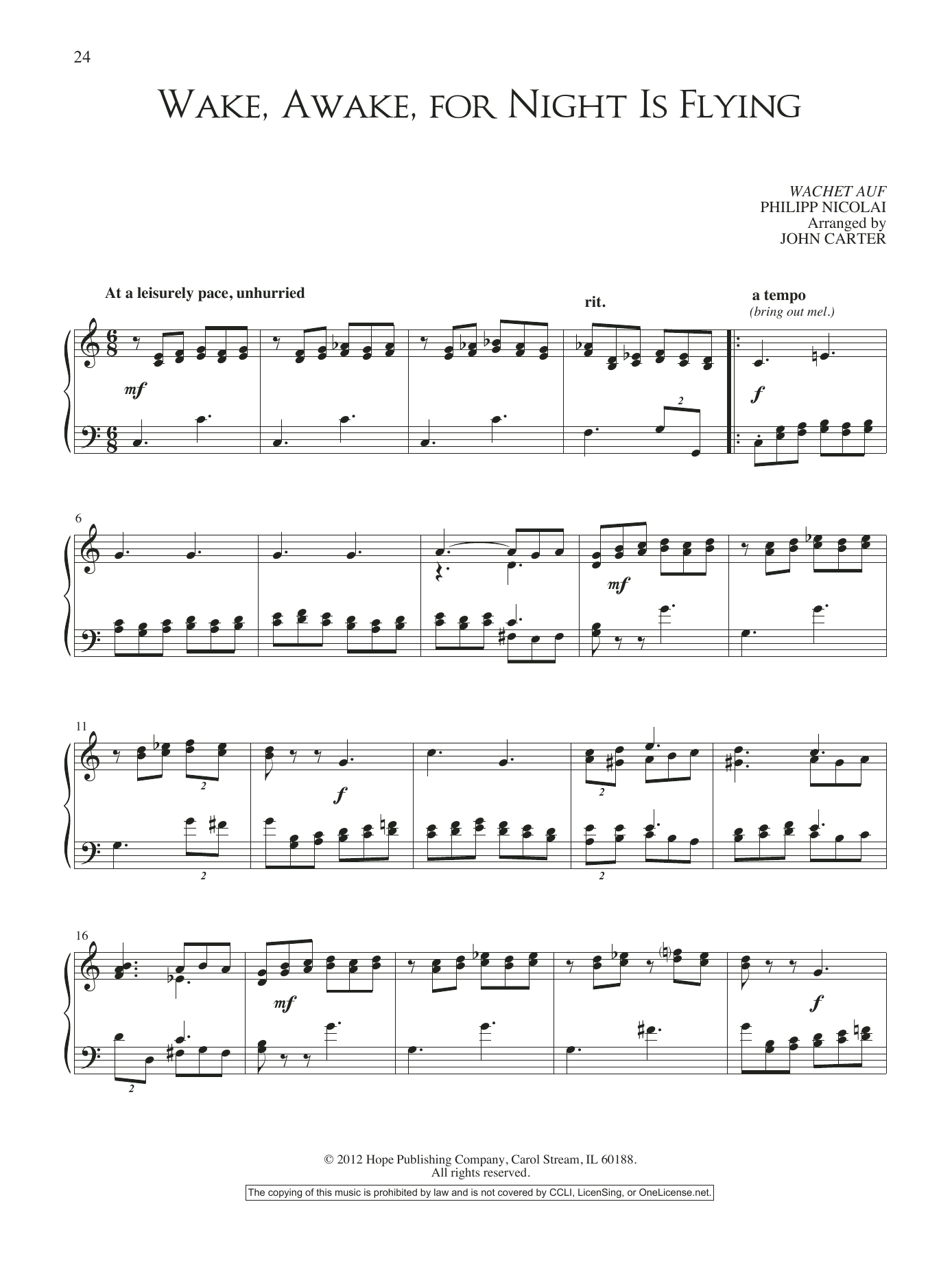 John Carter Wake, Awake, For Night Is Flying sheet music notes and chords arranged for Piano Solo