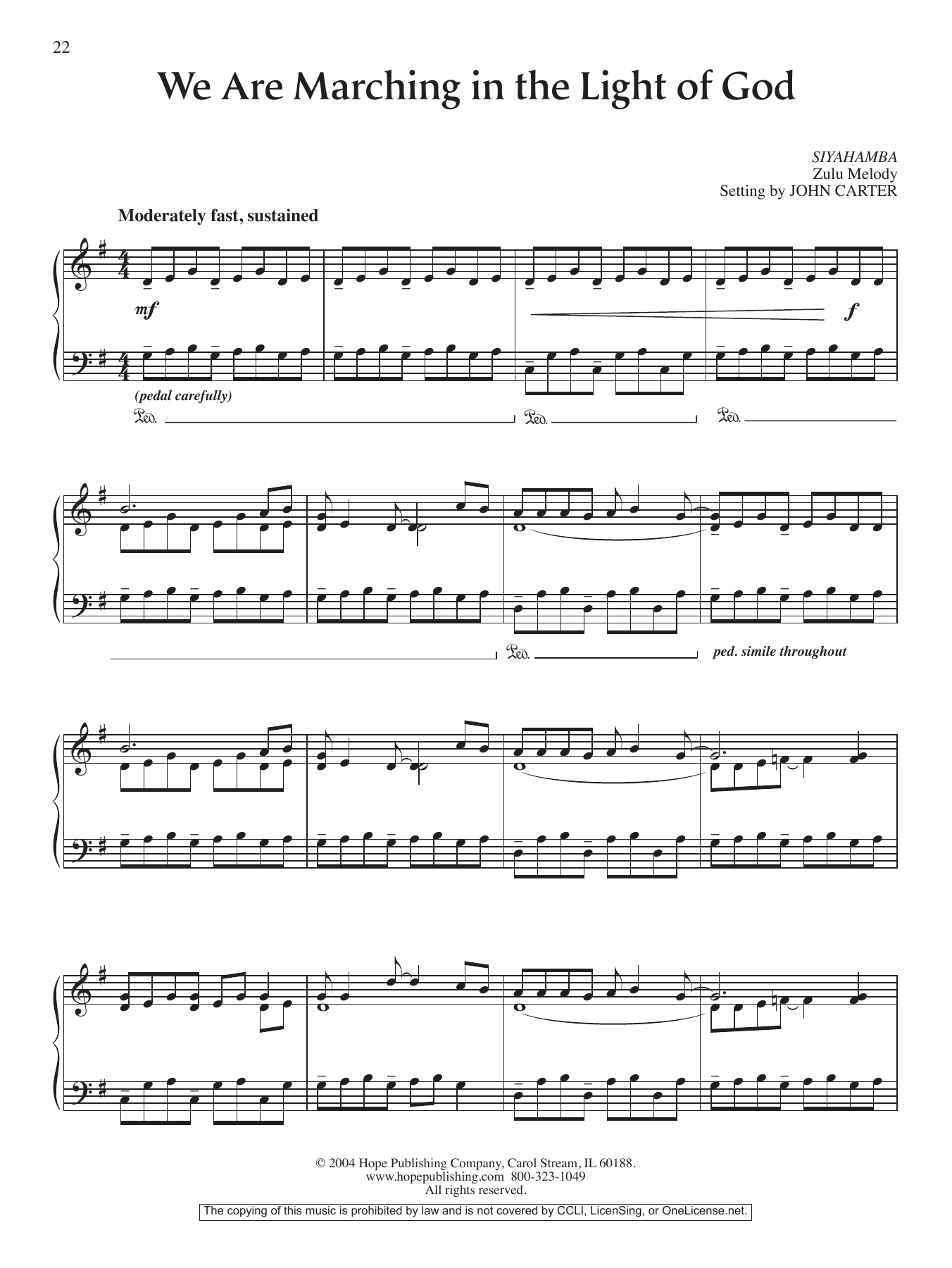 John Carter We Are Marching in the Light of God sheet music notes and chords arranged for Piano Solo